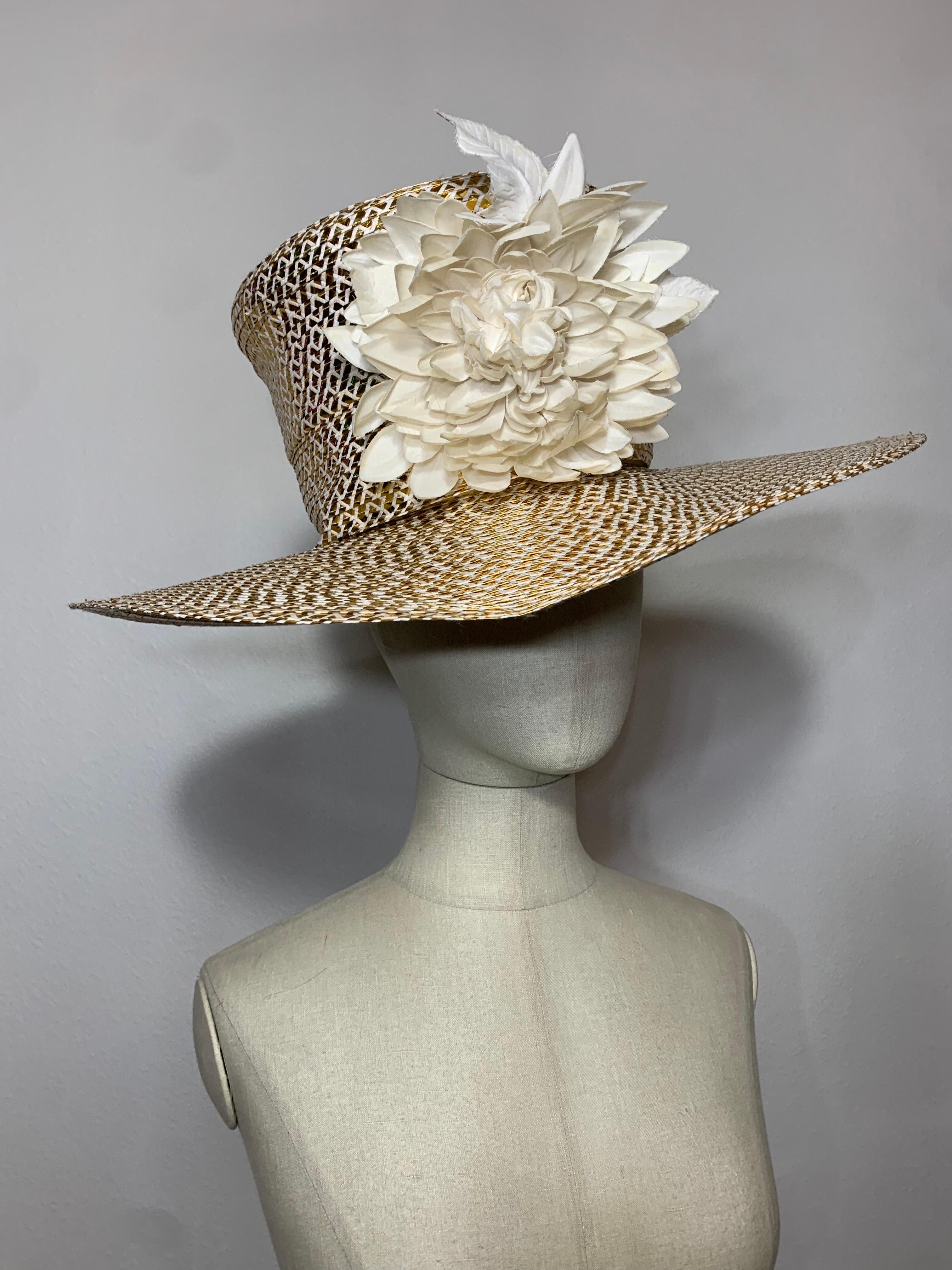 Custom Made Spring/Summer Gold & White Straw Medium Brim Tall Hat w Silk Florals For Sale 8