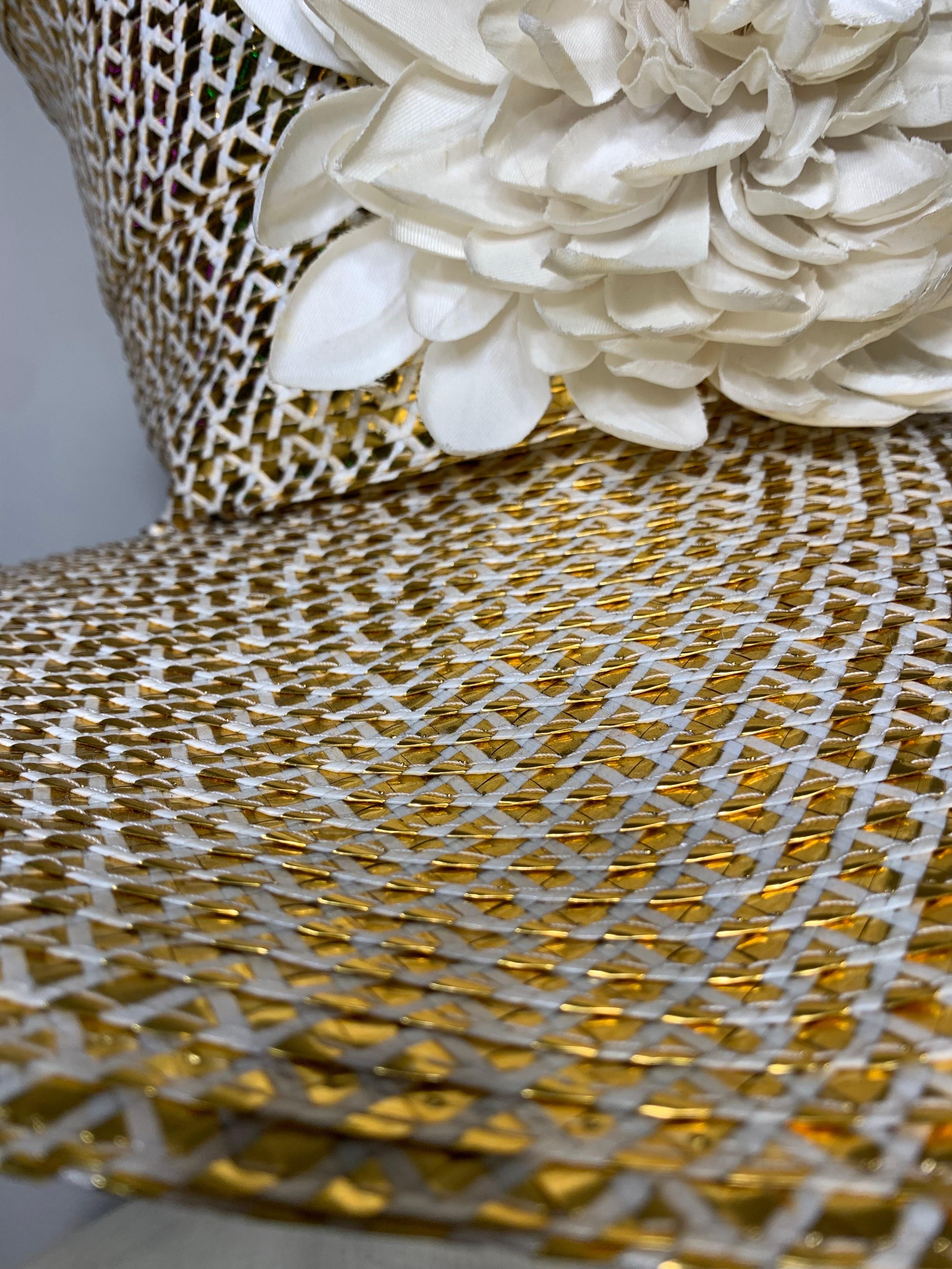 Custom Made Spring/Summer Gold & White Straw Medium Brim Tall Hat w Silk Florals For Sale 9