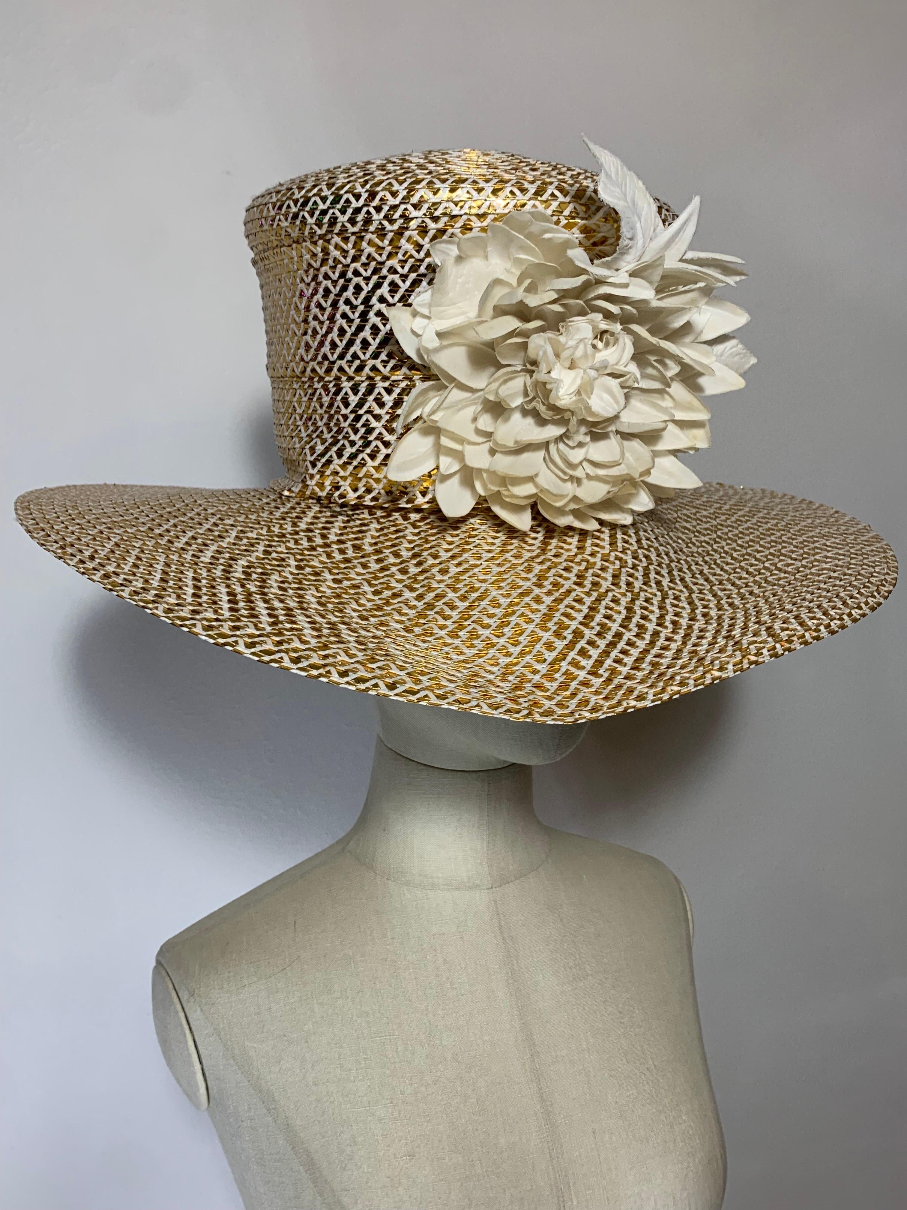 Custom Made Spring/Summer Gold & White Straw Medium Brim Tall Hat w Silk Florals For Sale 10