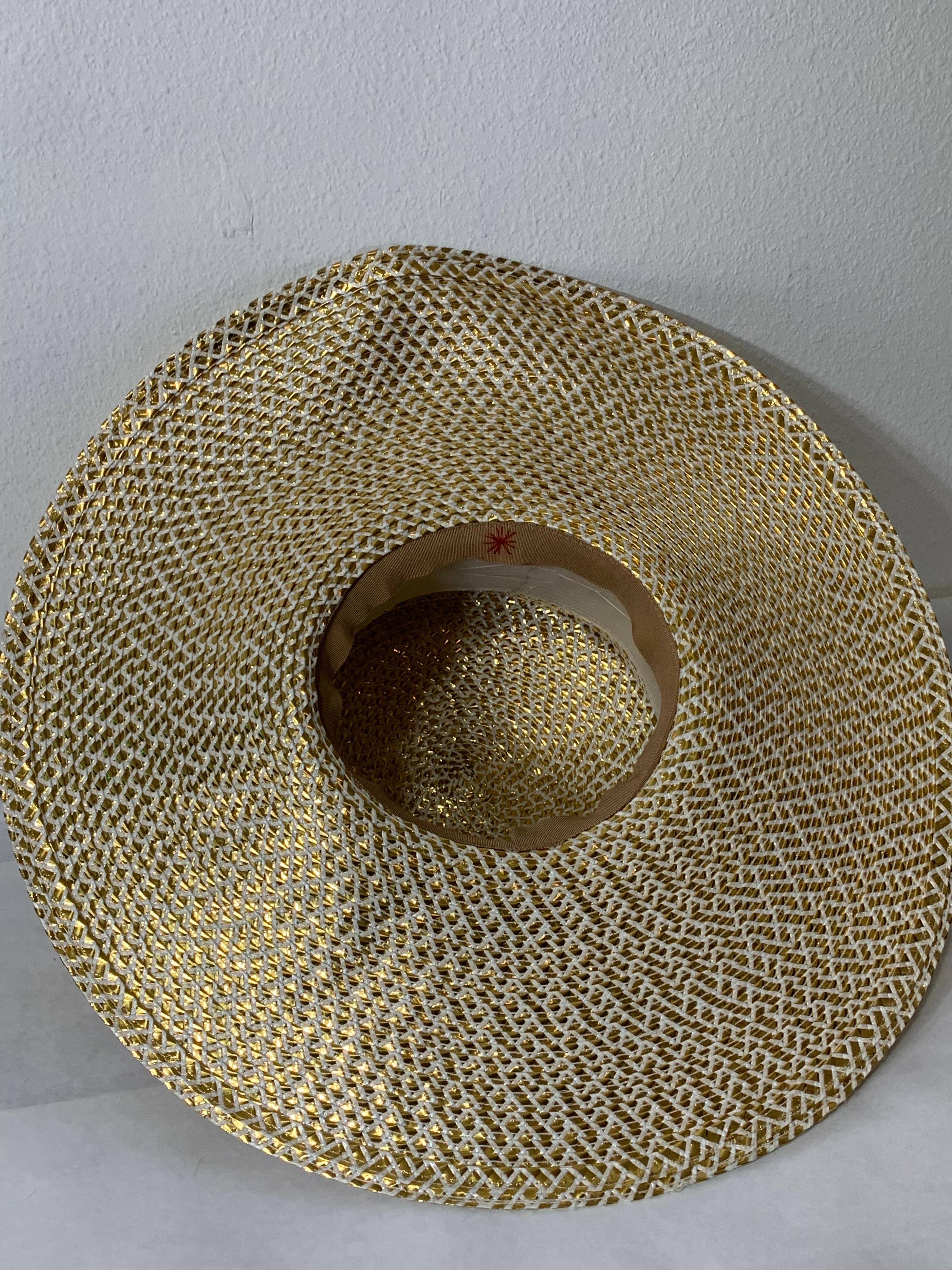 Custom Made Spring/Summer Gold & White Straw Medium Brim Tall Hat w Silk Florals For Sale 12