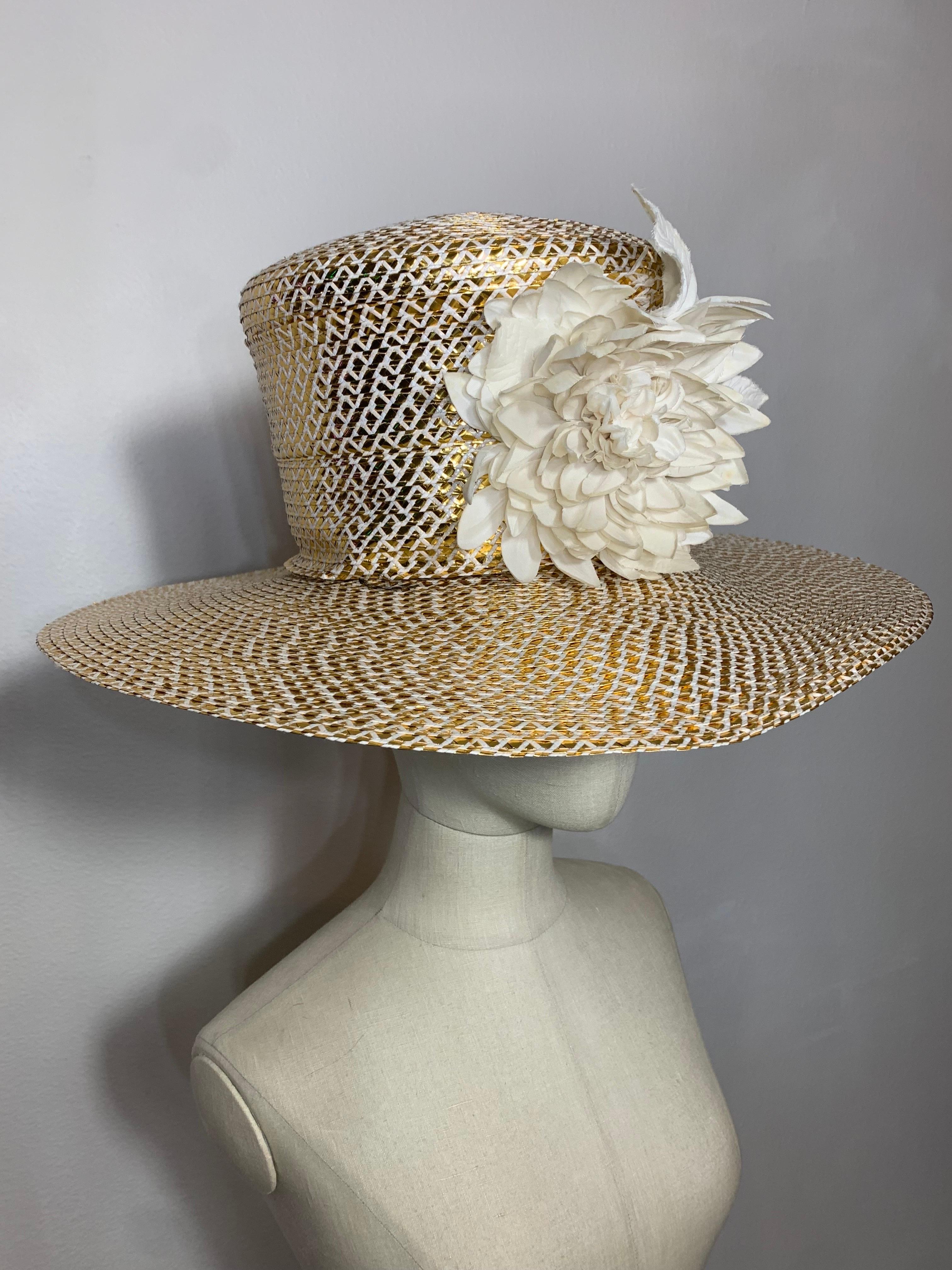 Custom Made Spring/Summer Gold & White Straw Medium Brim Tall Hat w Silk Florals: Fantastic quality hat made by Suzanne Couture Millinery in a unique mix of straws with layered hatband and white silk floral embellishment. Inner grosgrain band. Brim