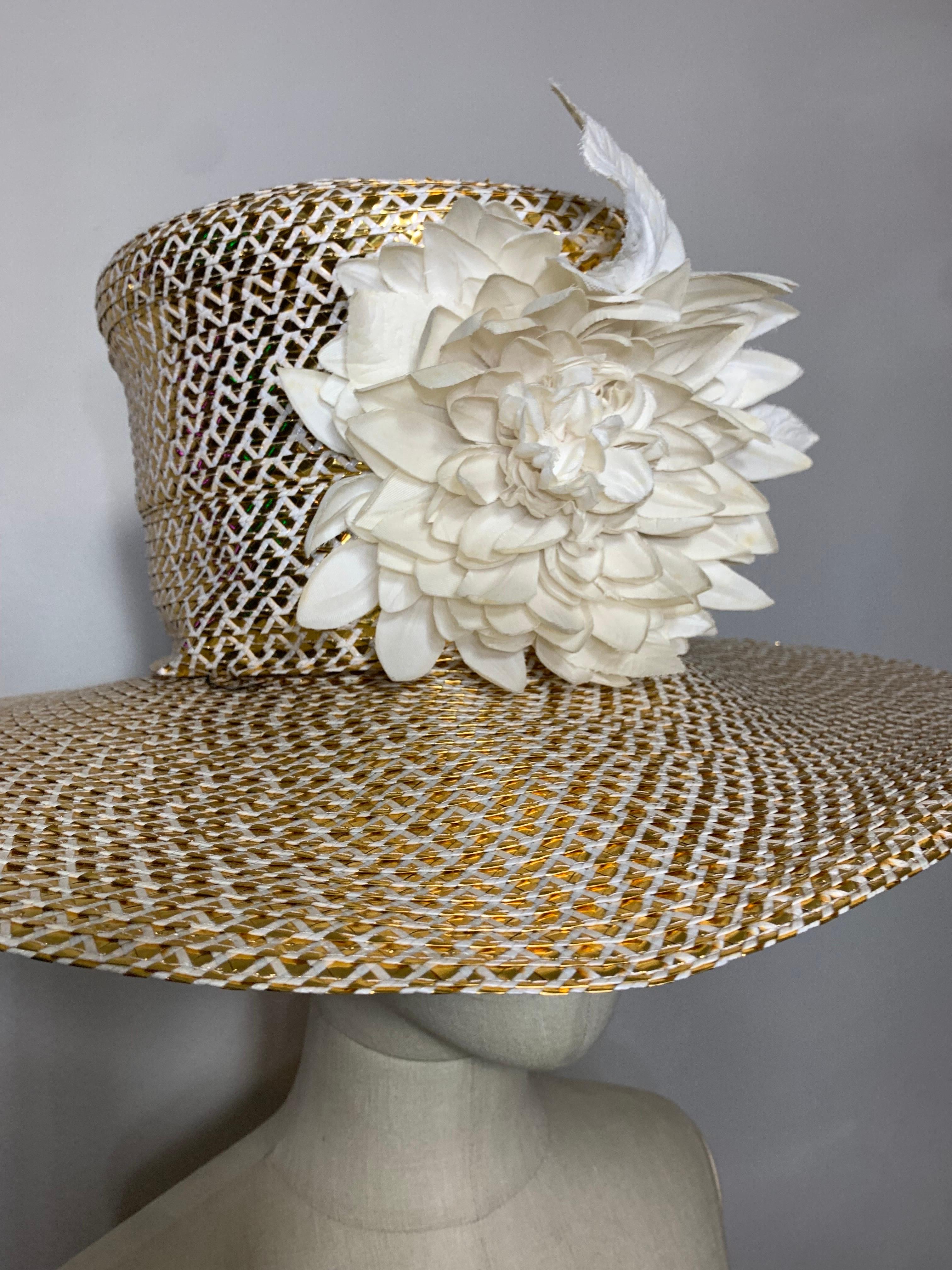 Custom Made Spring/Summer Gold & White Straw Medium Brim Tall Hat w Silk Florals In Excellent Condition For Sale In Gresham, OR