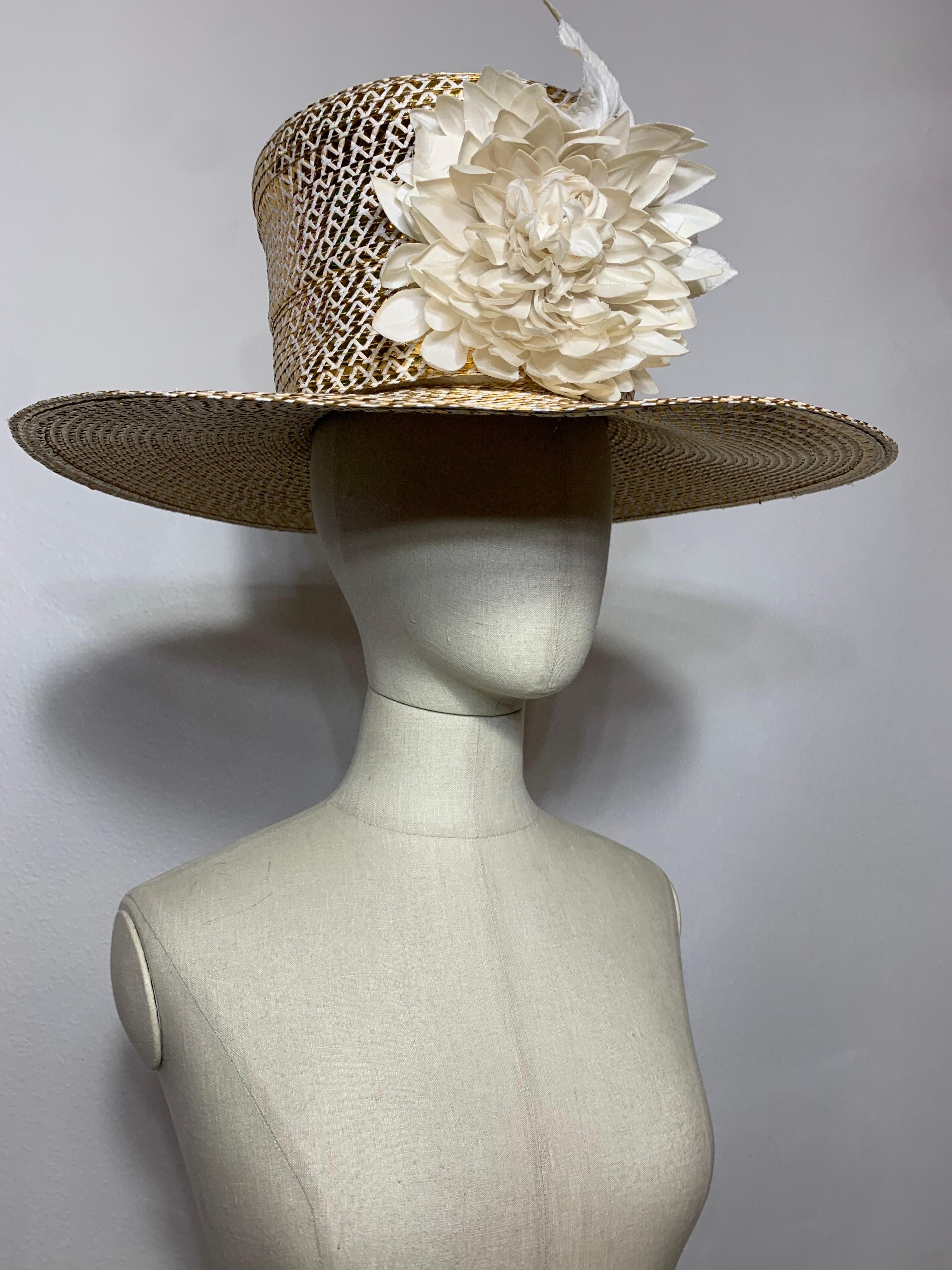 Women's Custom Made Spring/Summer Gold & White Straw Medium Brim Tall Hat w Silk Florals For Sale
