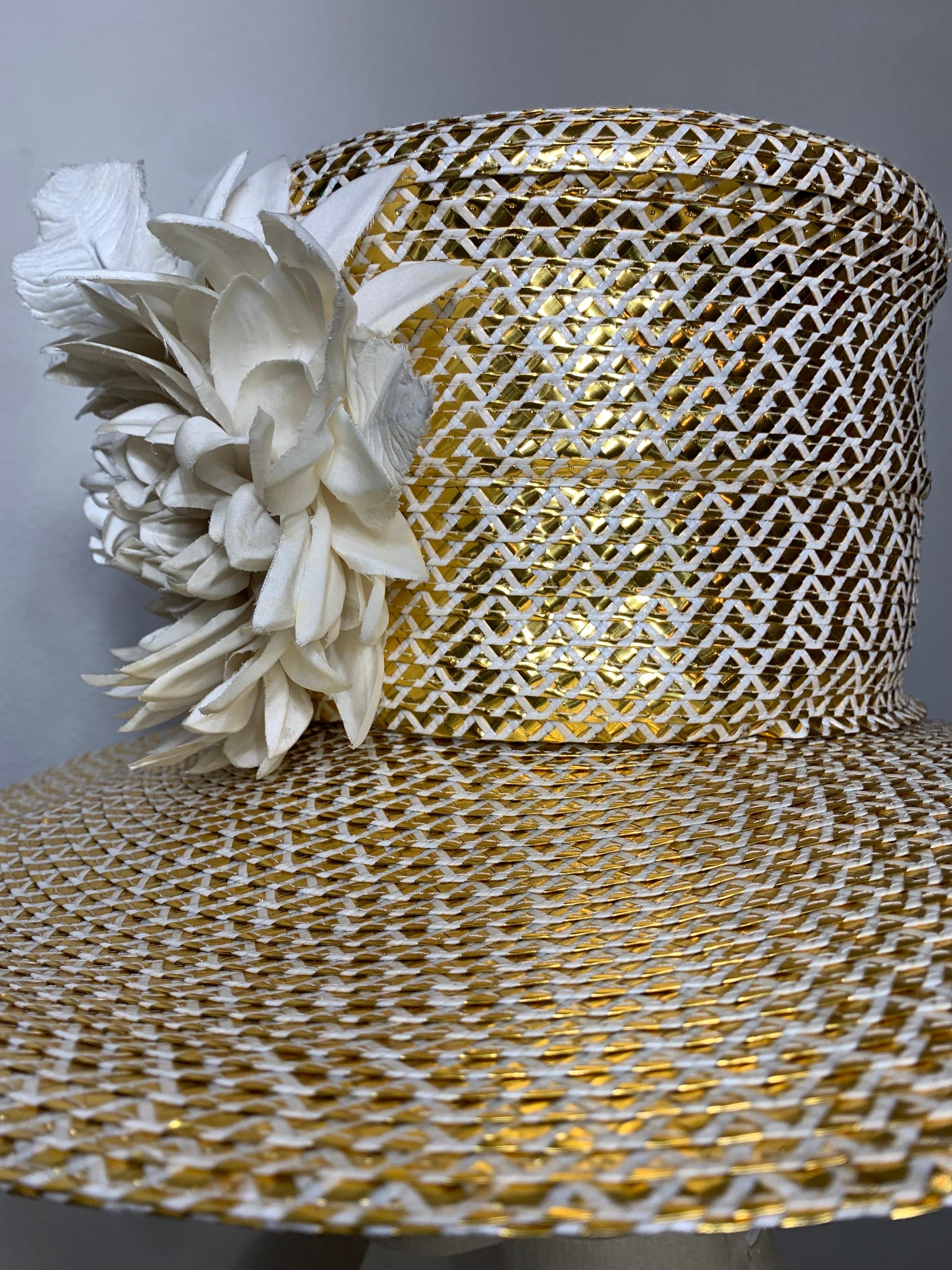 Custom Made Spring/Summer Gold & White Straw Medium Brim Tall Hat w Silk Florals For Sale 1