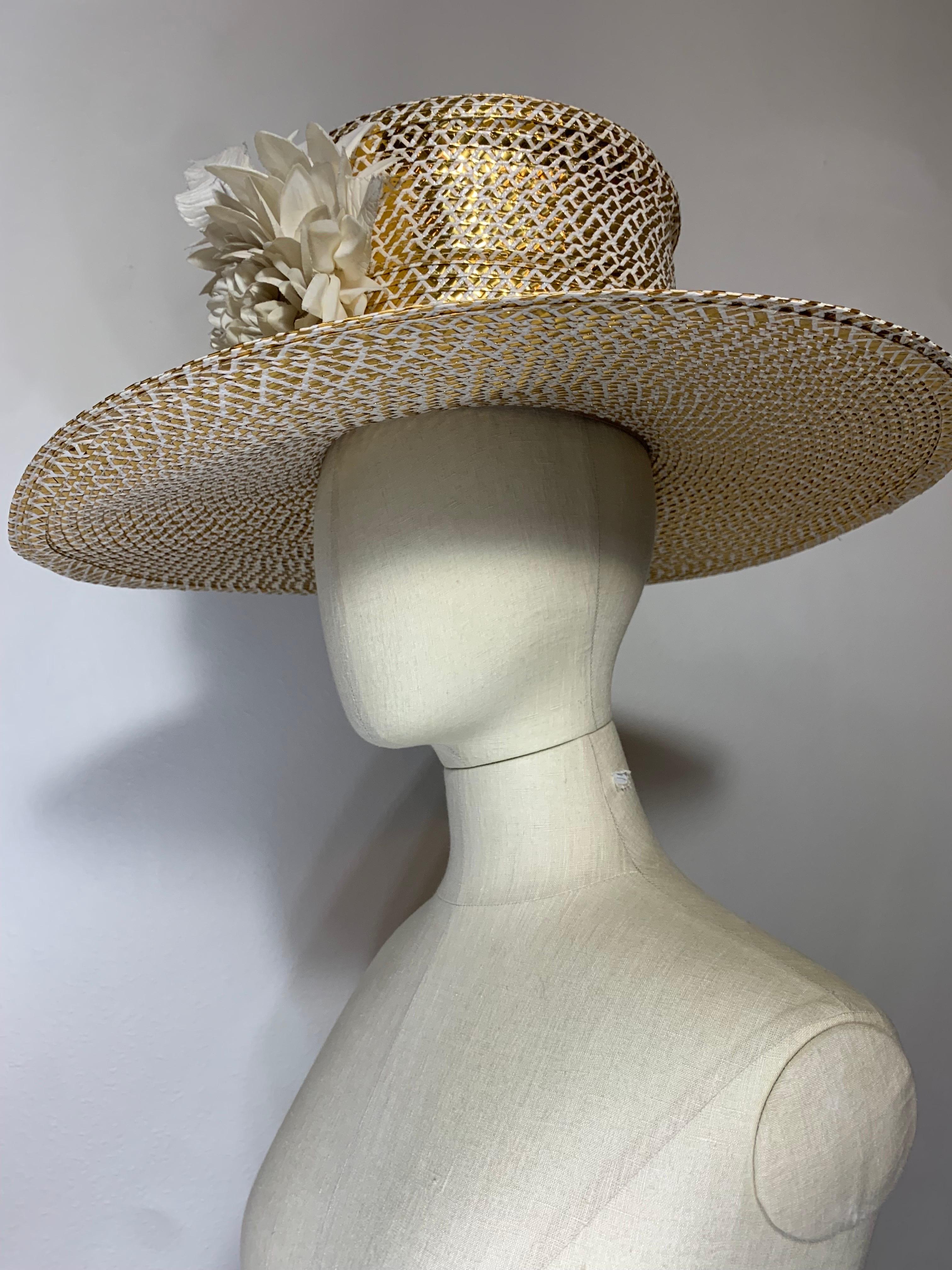Custom Made Spring/Summer Gold & White Straw Medium Brim Tall Hat w Silk Florals For Sale 2