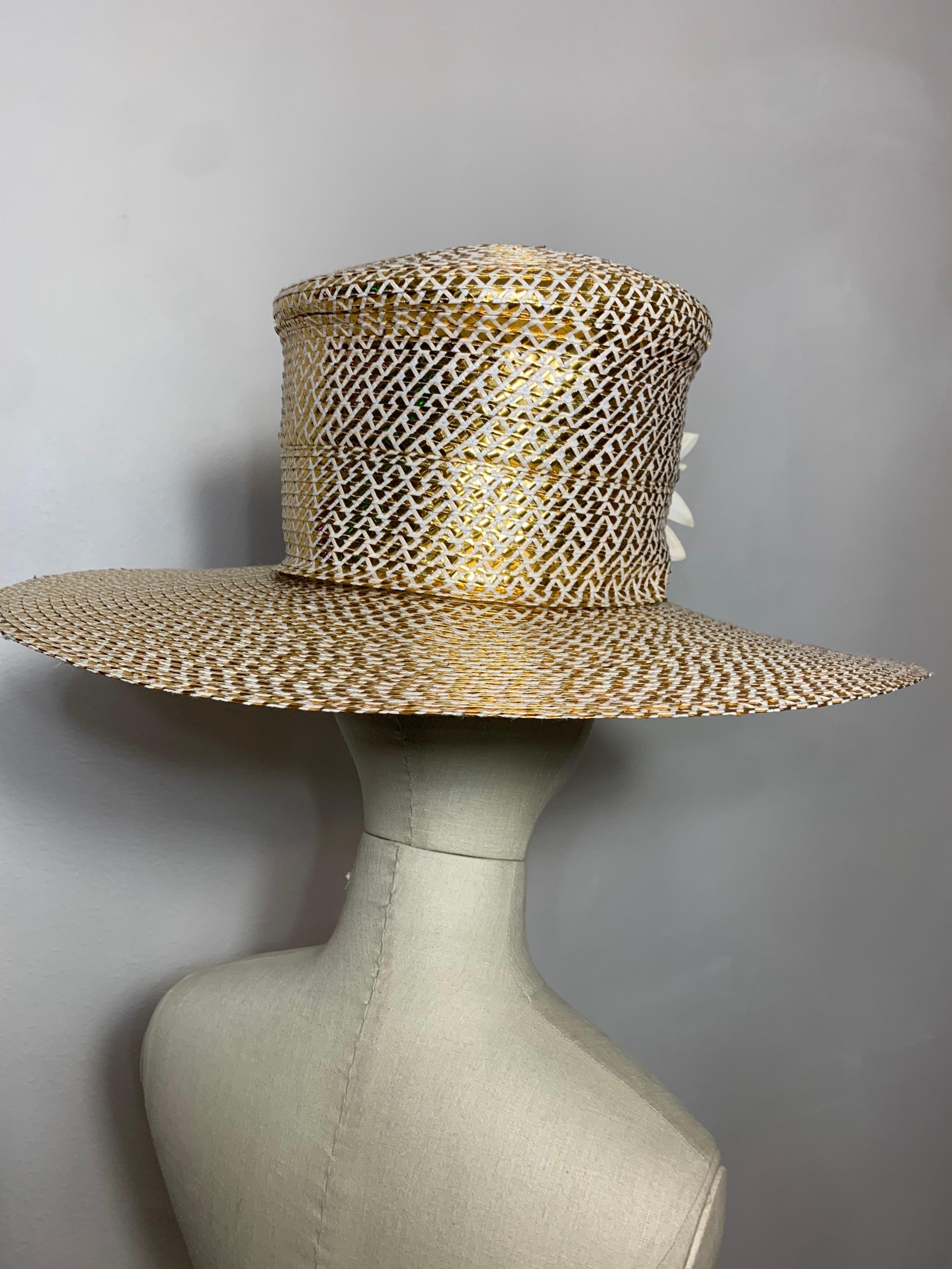 Custom Made Spring/Summer Gold & White Straw Medium Brim Tall Hat w Silk Florals For Sale 3