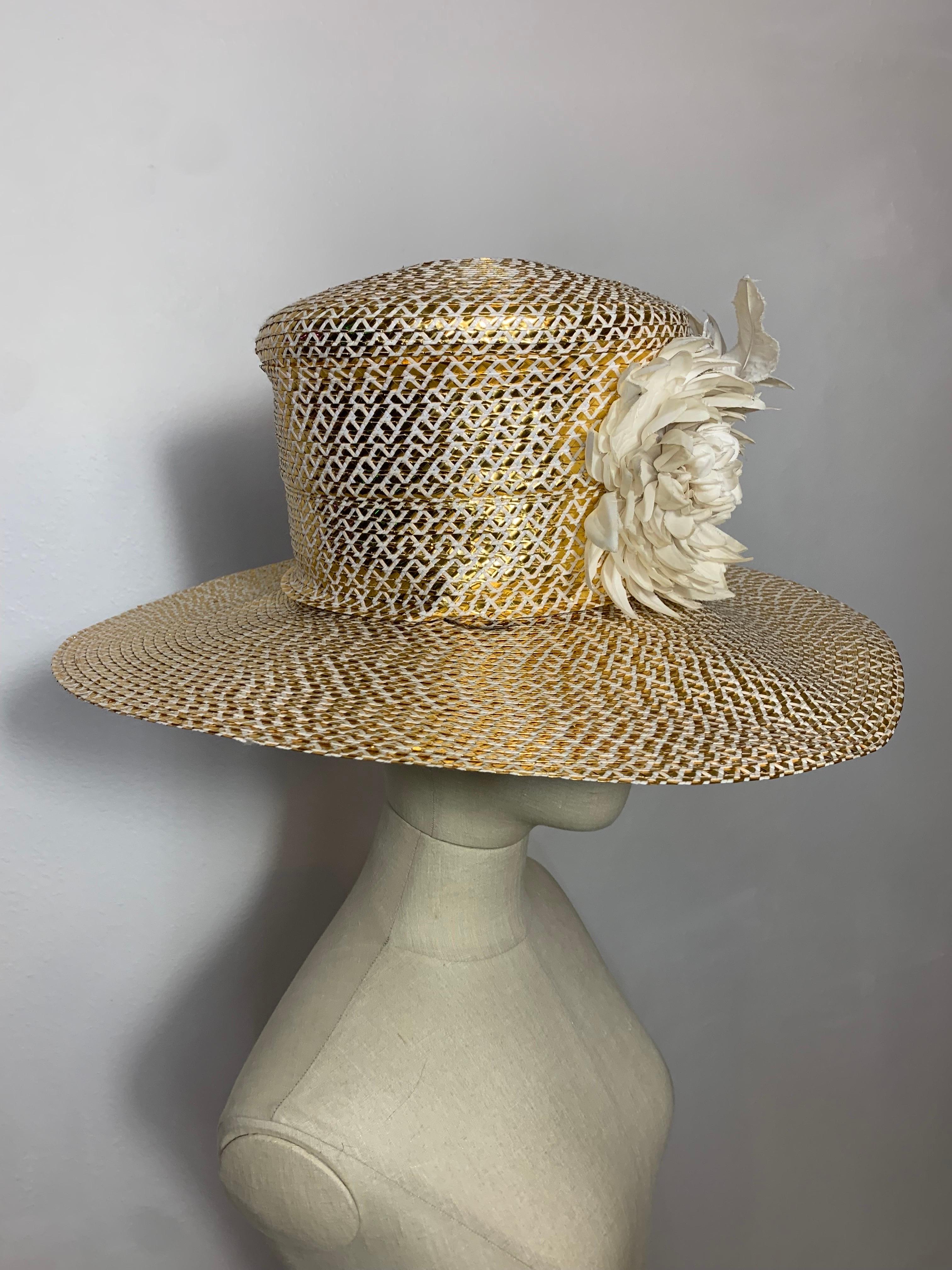 Custom Made Spring/Summer Gold & White Straw Medium Brim Tall Hat w Silk Florals For Sale 4