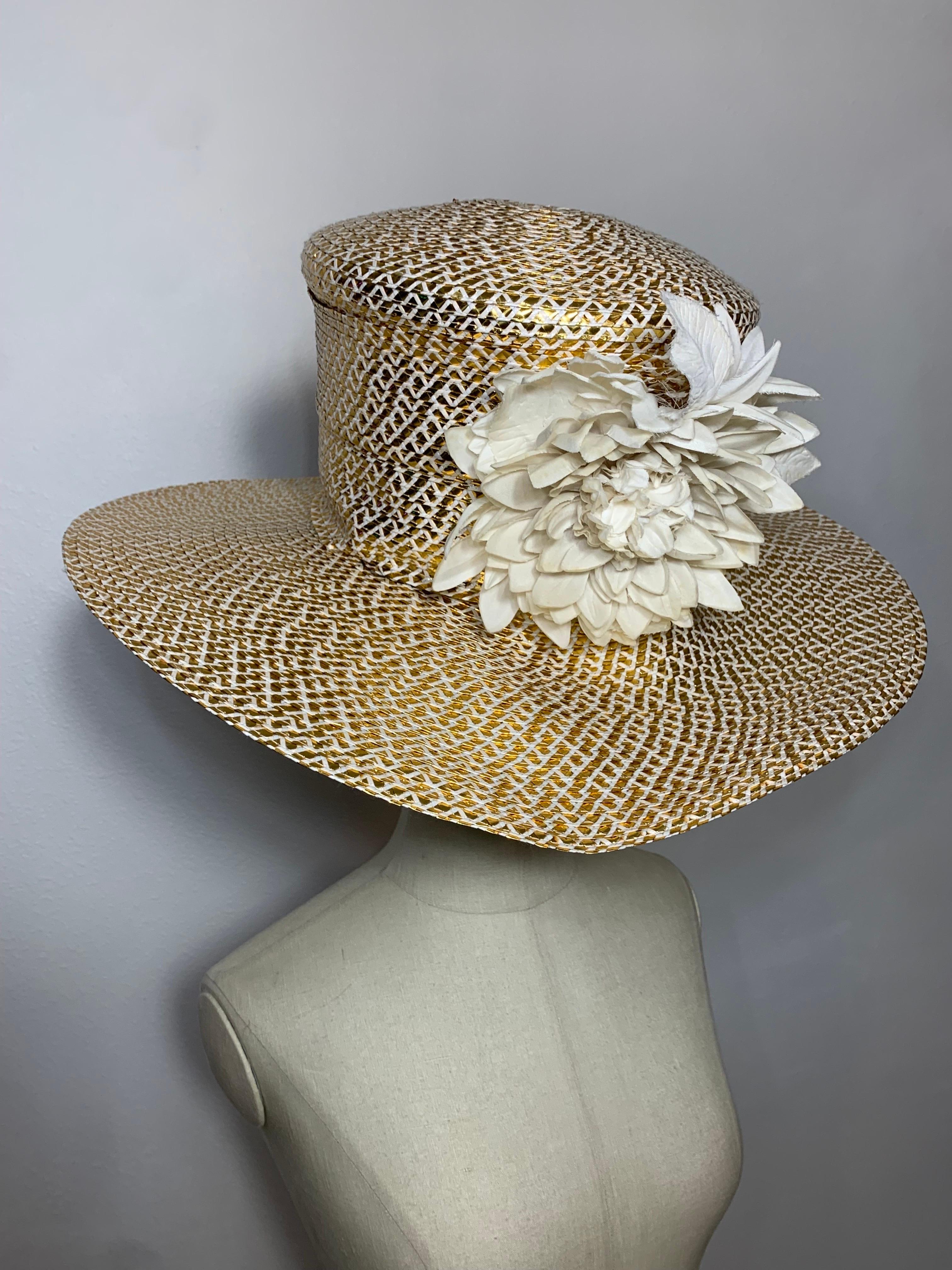 Custom Made Spring/Summer Gold & White Straw Medium Brim Tall Hat w Silk Florals For Sale 5