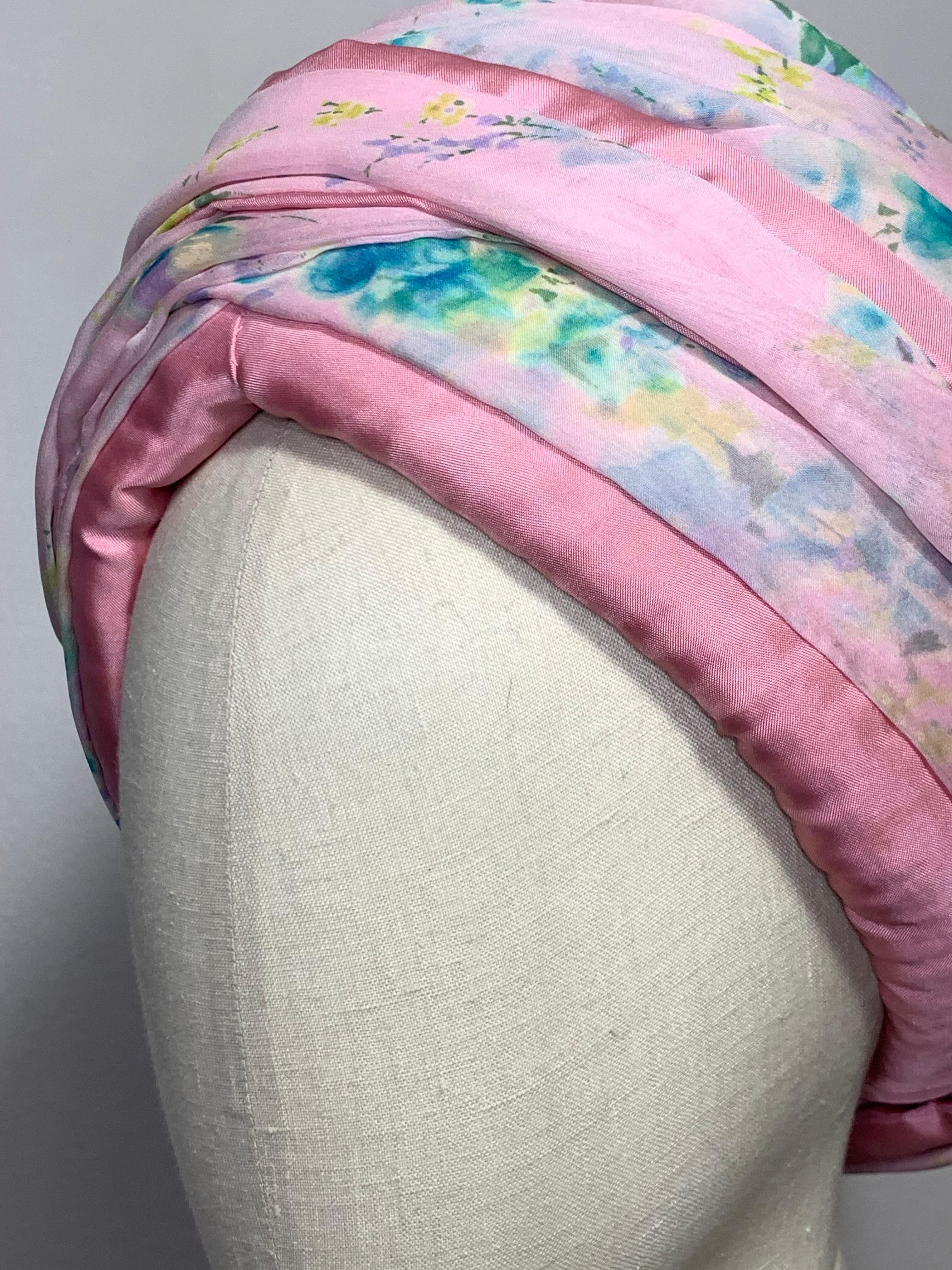 Custom Made Spring/Summer Pastel Pink Chiffon Turban w Delicate Floral Print For Sale 7