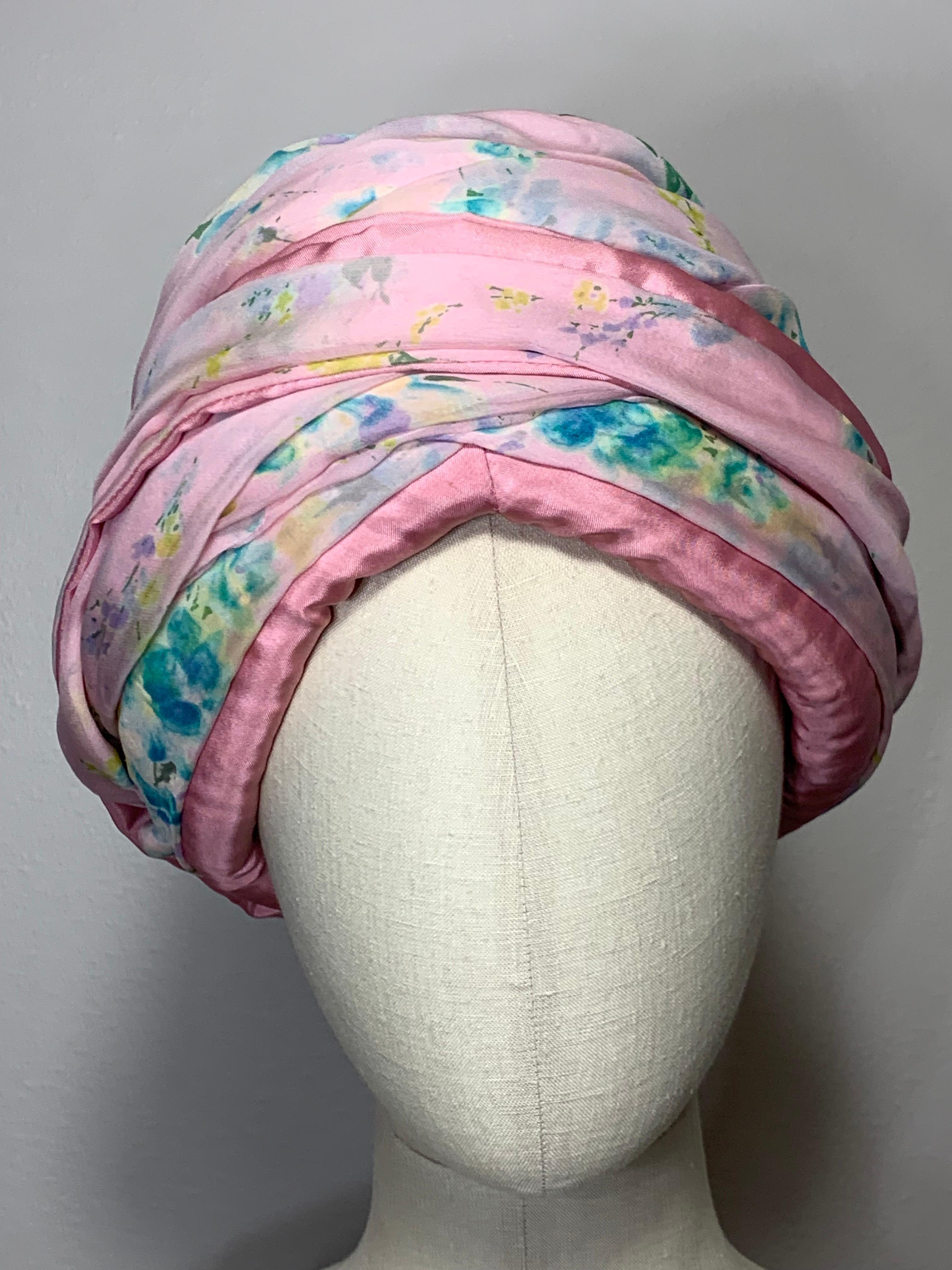 Custom Made Spring/Summer Pastel Pink Chiffon Turban w Delicate Floral Print For Sale 8