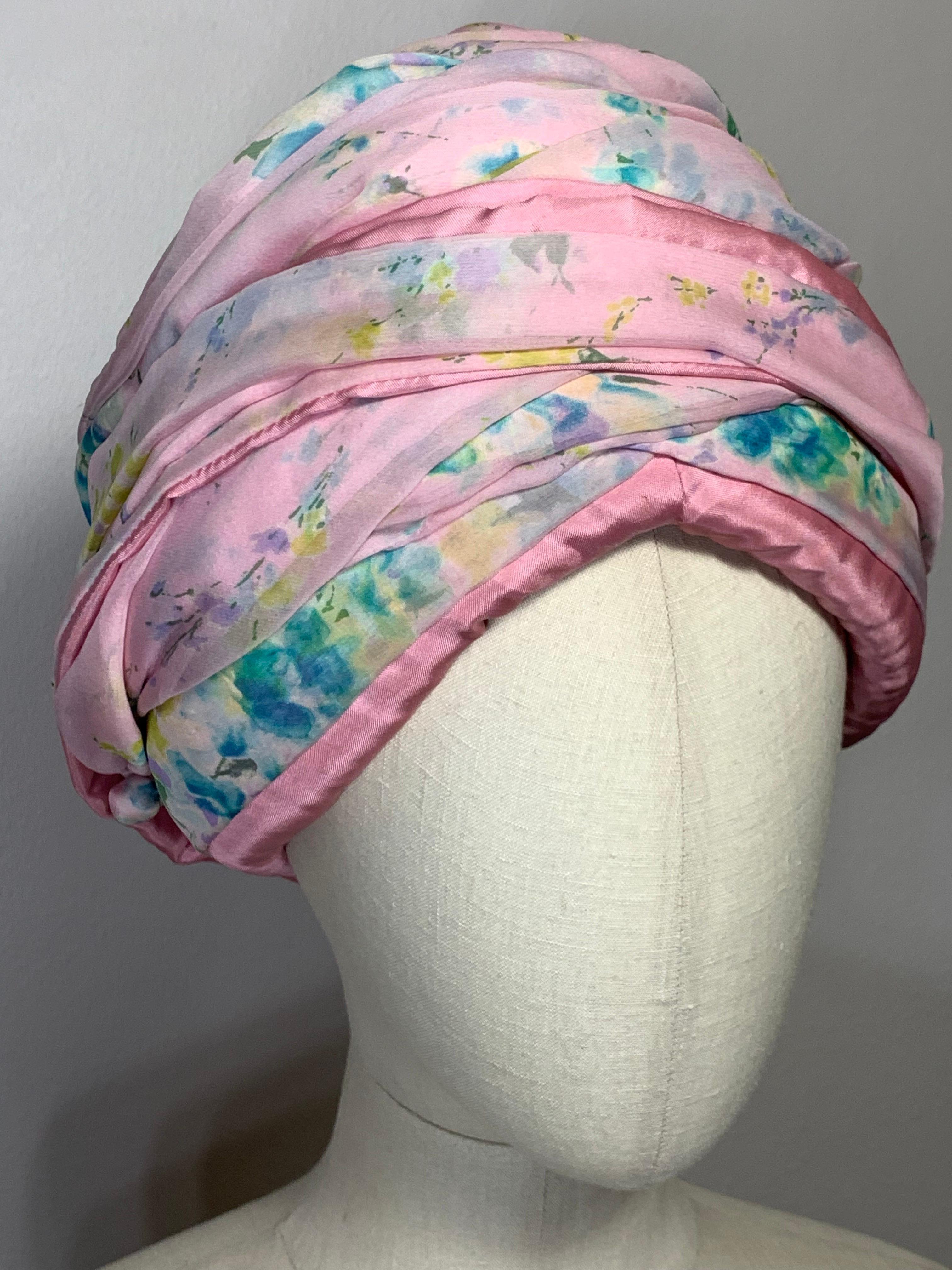 Custom Made Spring/Summer Pastel Pink Chiffon Turban w Delicate Floral Print For Sale 9