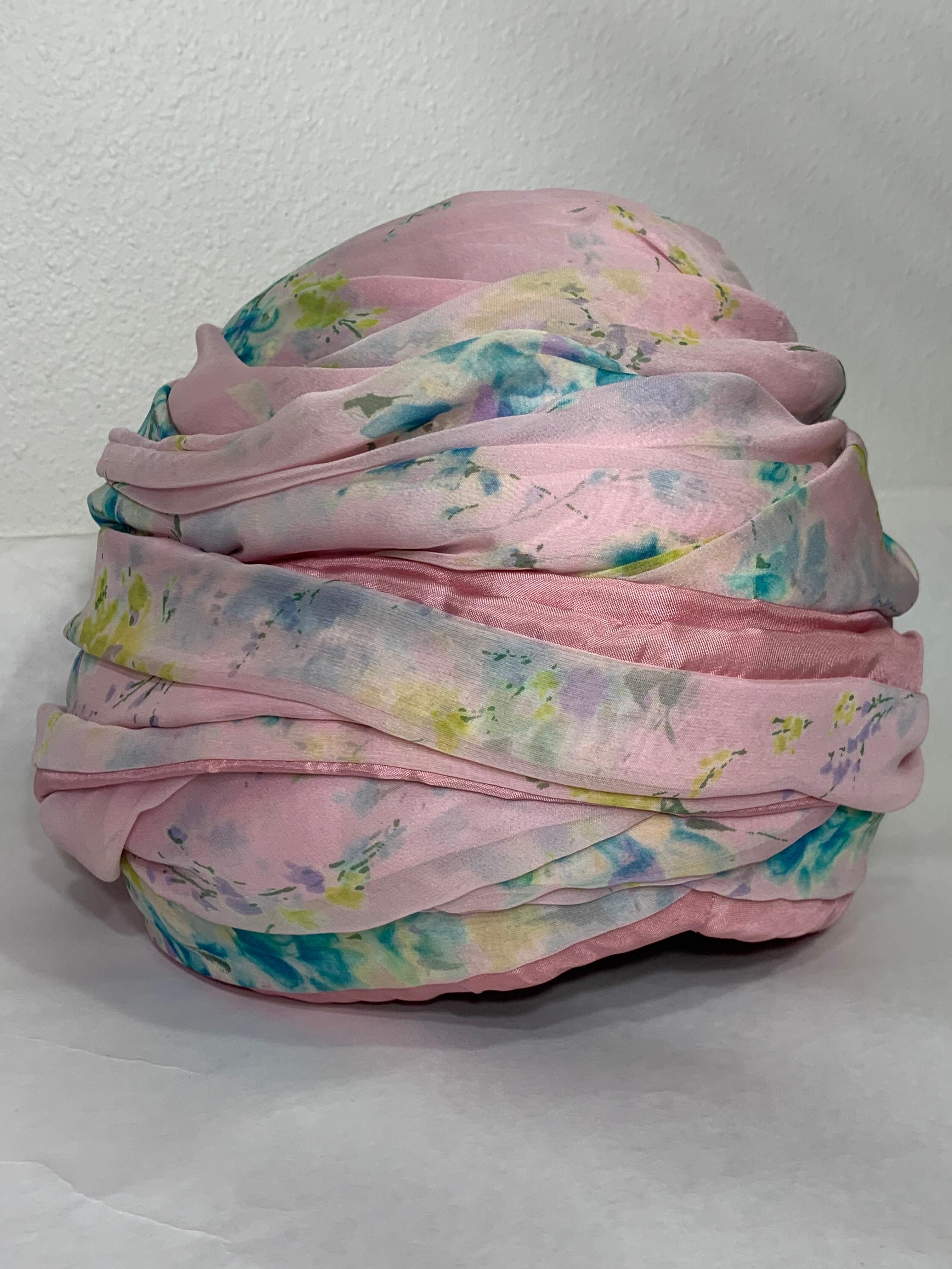 Custom Made Spring/Summer Pastel Pink Chiffon Turban w Delicate Floral Print For Sale 11