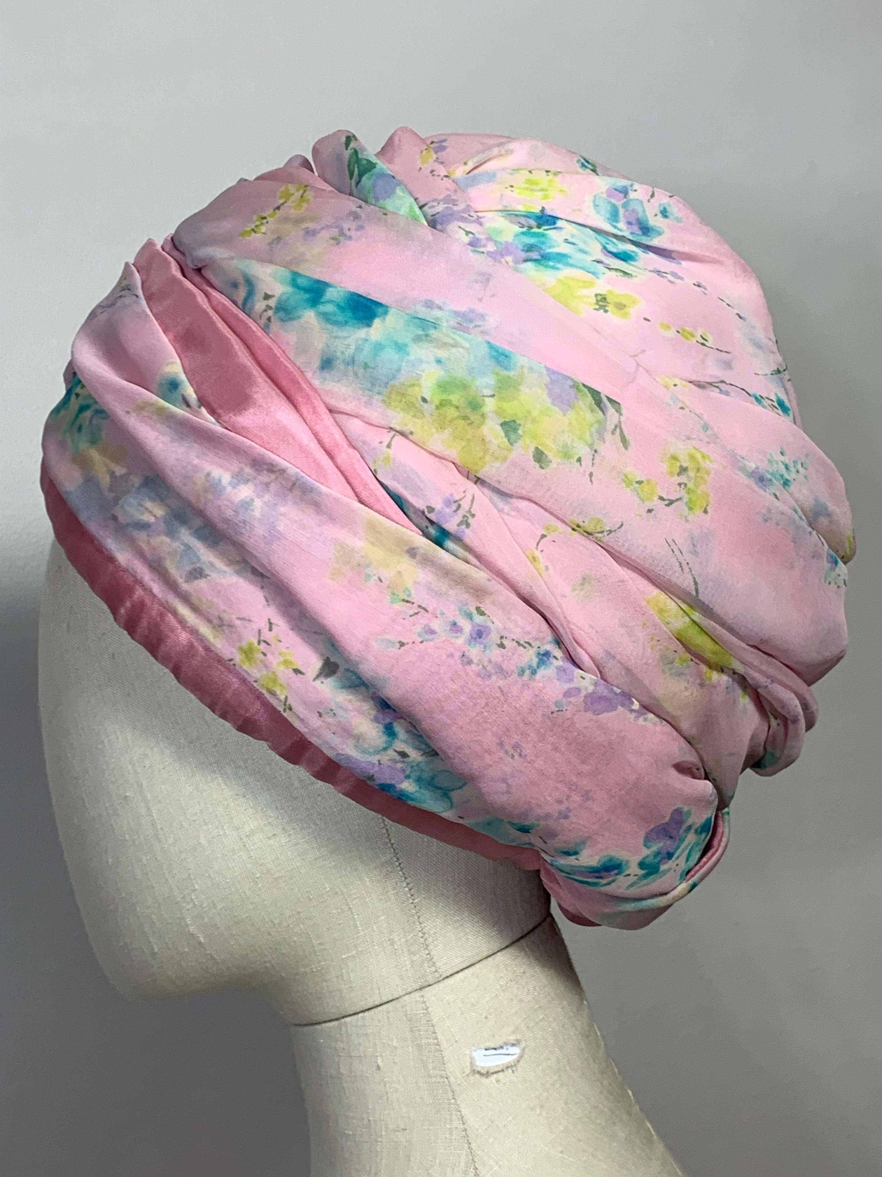 Custom Made Spring/Summer Pastel Pink Chiffon Turban w Delicate Floral Print For Sale 5