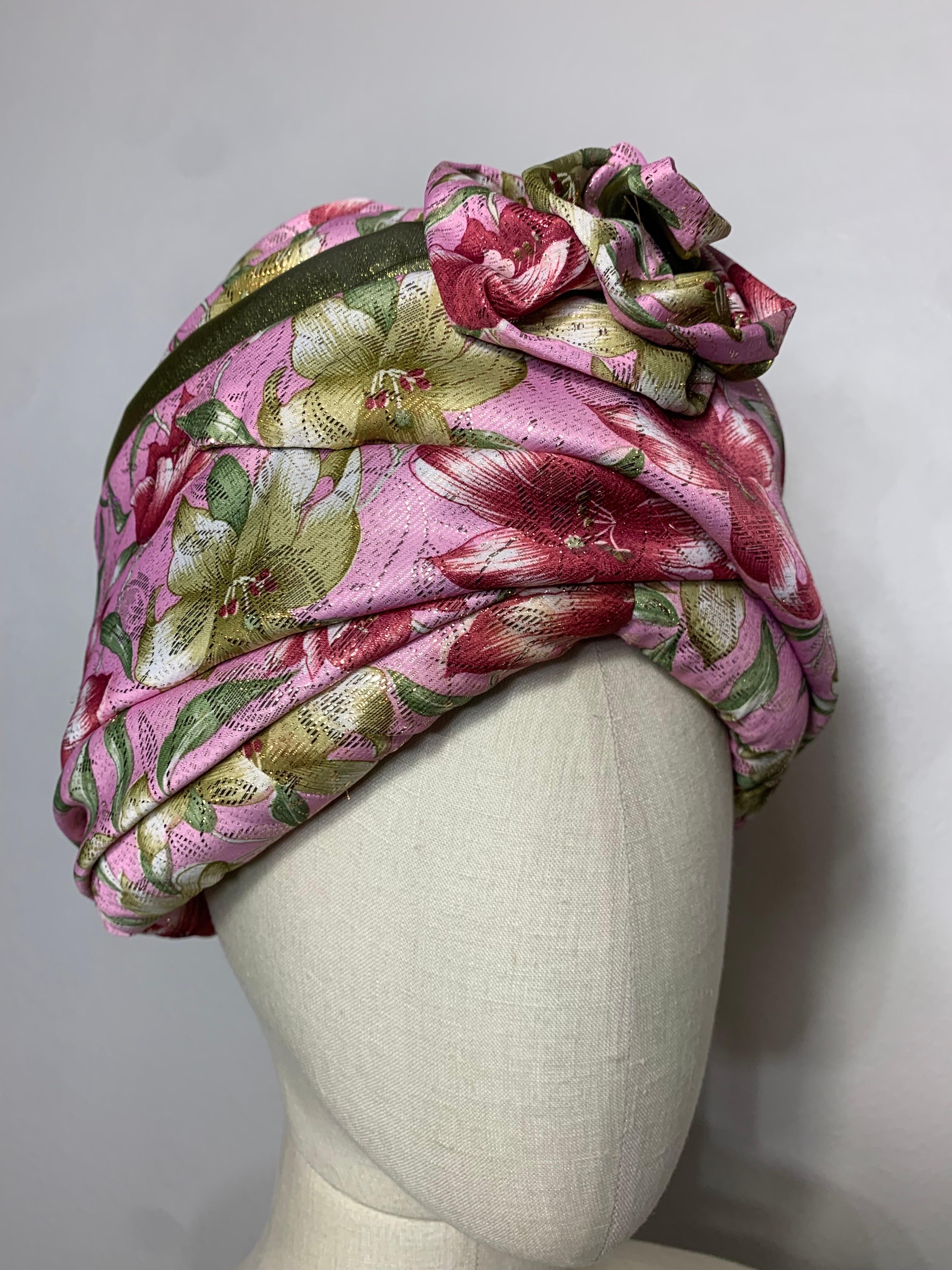 Custom Made Spring/Summer Pink Satin & Gold Lame Lily Print Turban w Flower For Sale 6