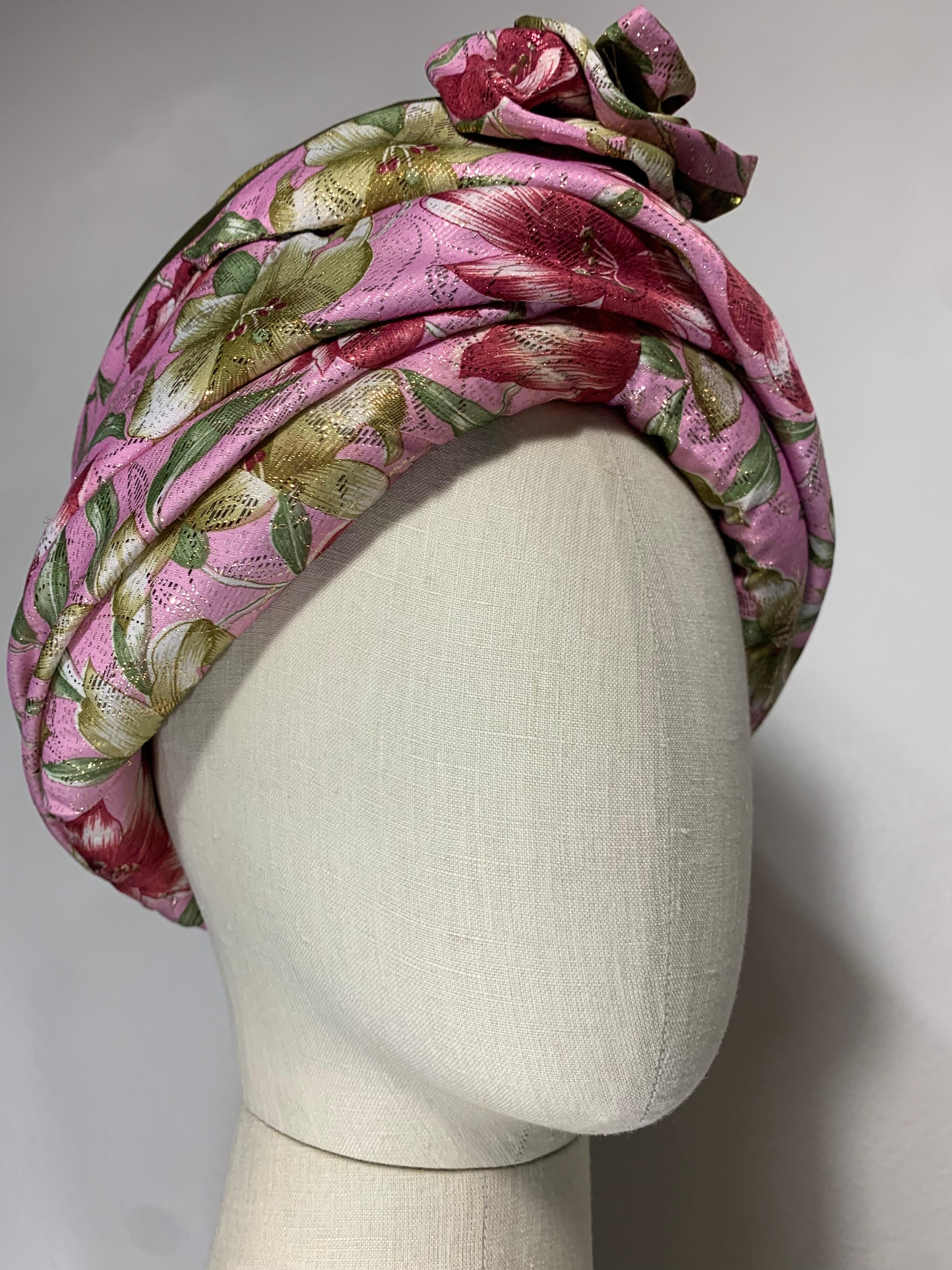 Custom Made Spring/Summer Pink Satin & Gold Lame Lily Print Turban w Flower For Sale 7