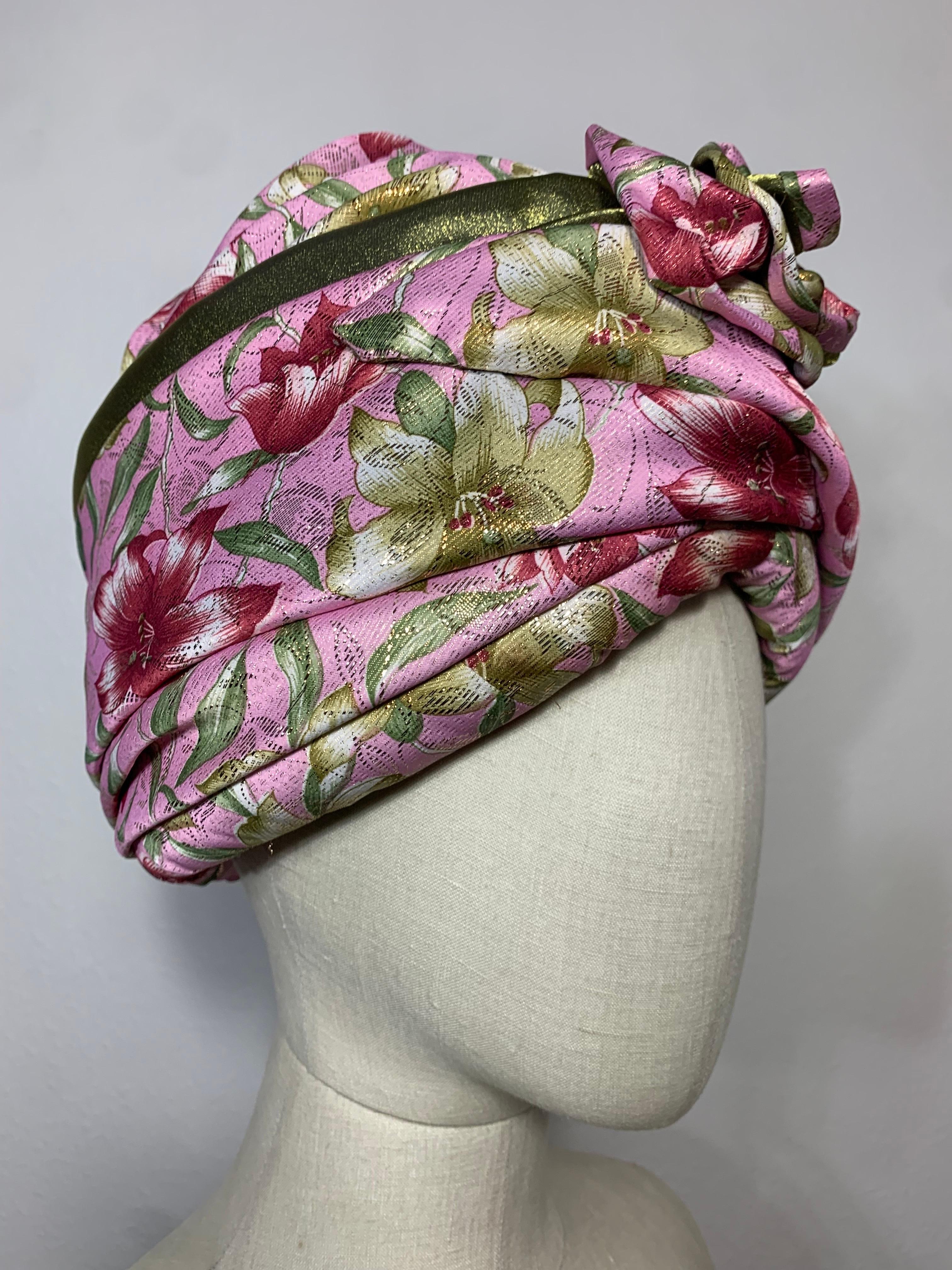 Custom Made Spring/Summer Pink Satin & Gold Lame Lily Print Turban w Flower For Sale 9