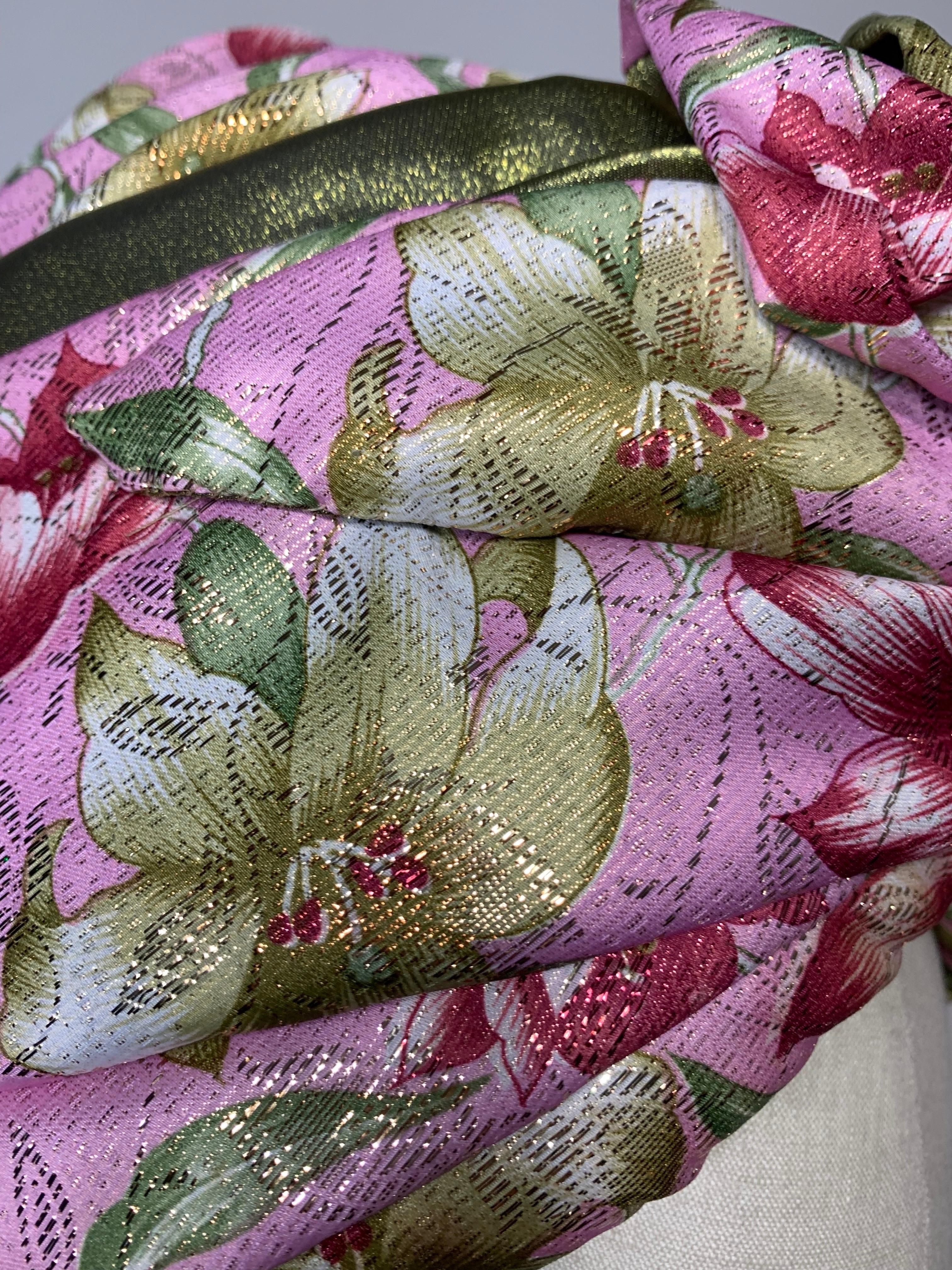 Custom Made Spring/Summer Pink Satin & Gold Lame Lily Print Turban w Flower For Sale 10