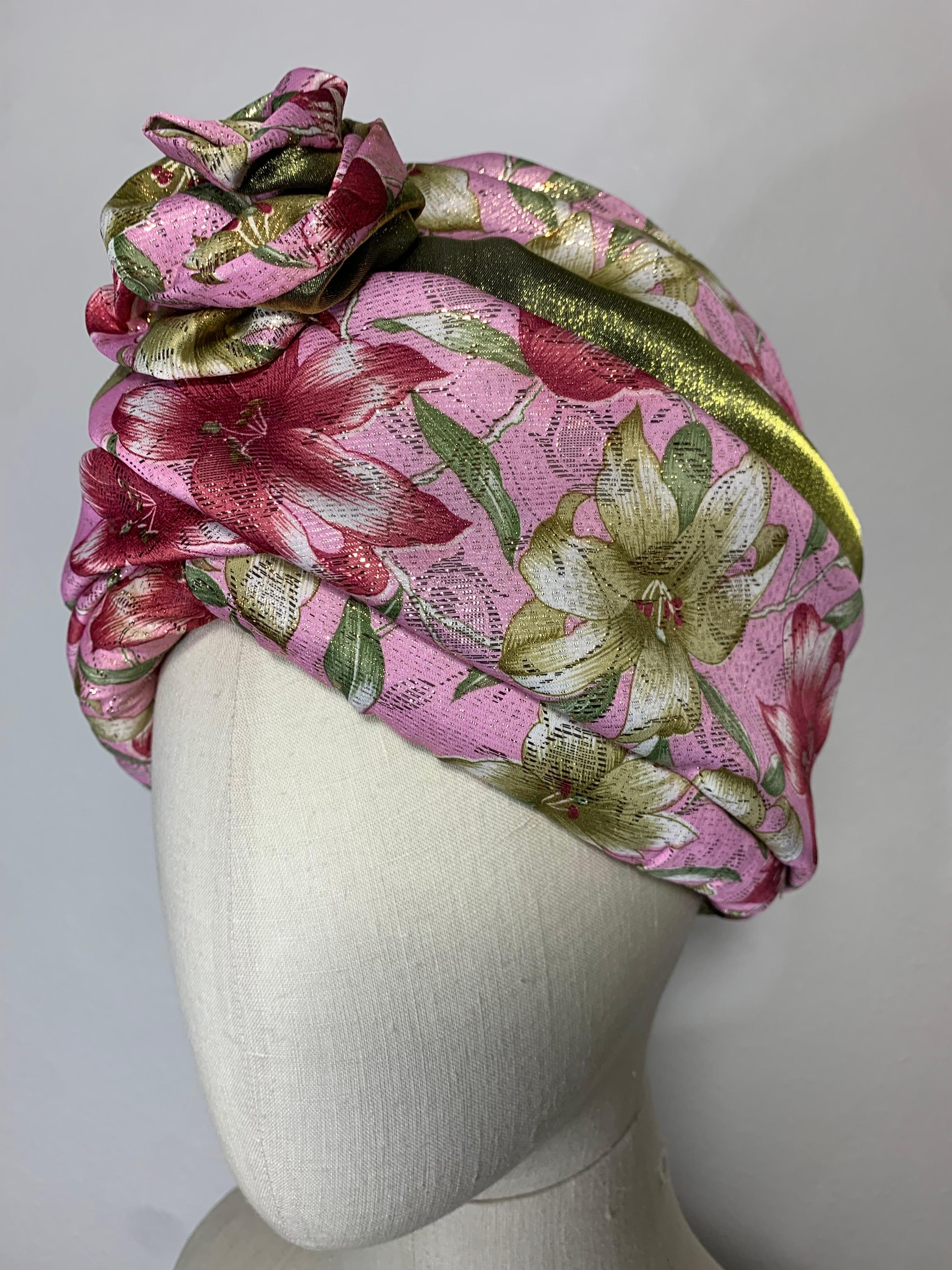Custom Made Spring/Summer Pink Satin & Gold Lame Lily Print Turban w Flower For Sale 11