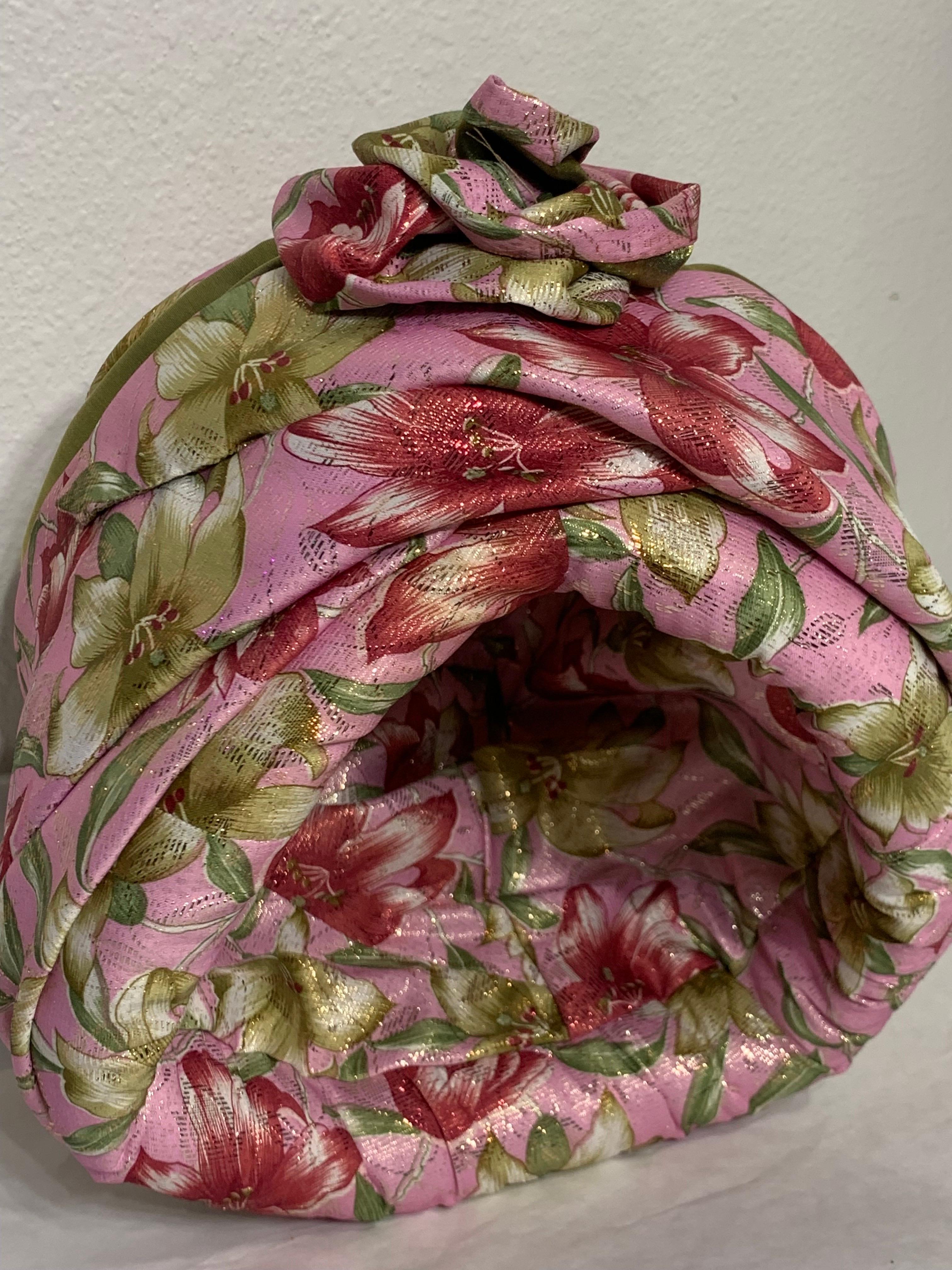 Custom Made Spring/Summer Pink Satin & Gold Lame Lily Print Turban w Flower For Sale 12
