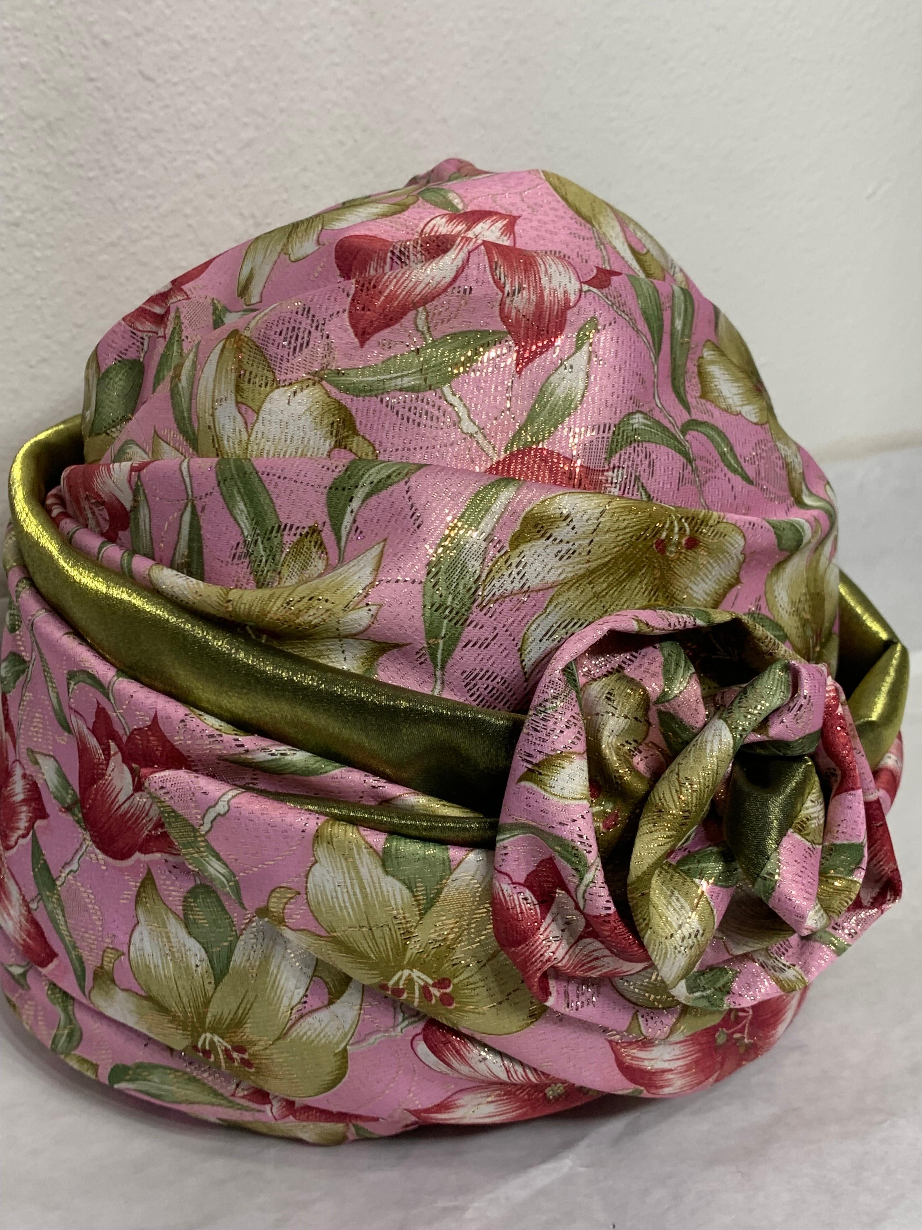 Custom Made Spring/Summer Pink Satin & Gold Lame Lily Print Turban w Flower For Sale 13