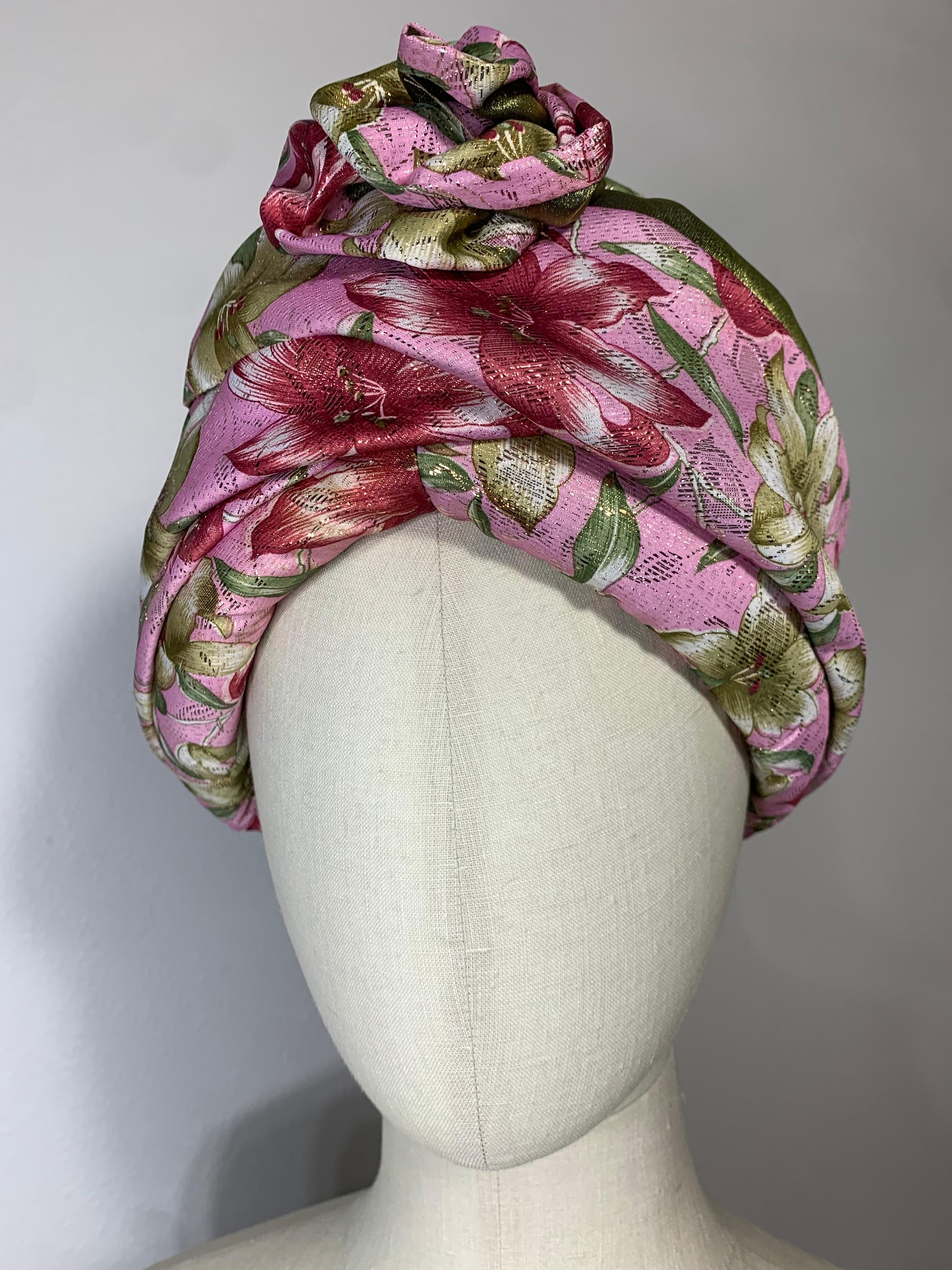 Custom Made Spring/Summer Pink Satin & Gold Lame Lily Print Turban with Flower at Front:  Made by Suzanne Custom Millinery, This exquisite turban is padded and formed over a stiff buckram base. Front floral embellishment is made of matching print