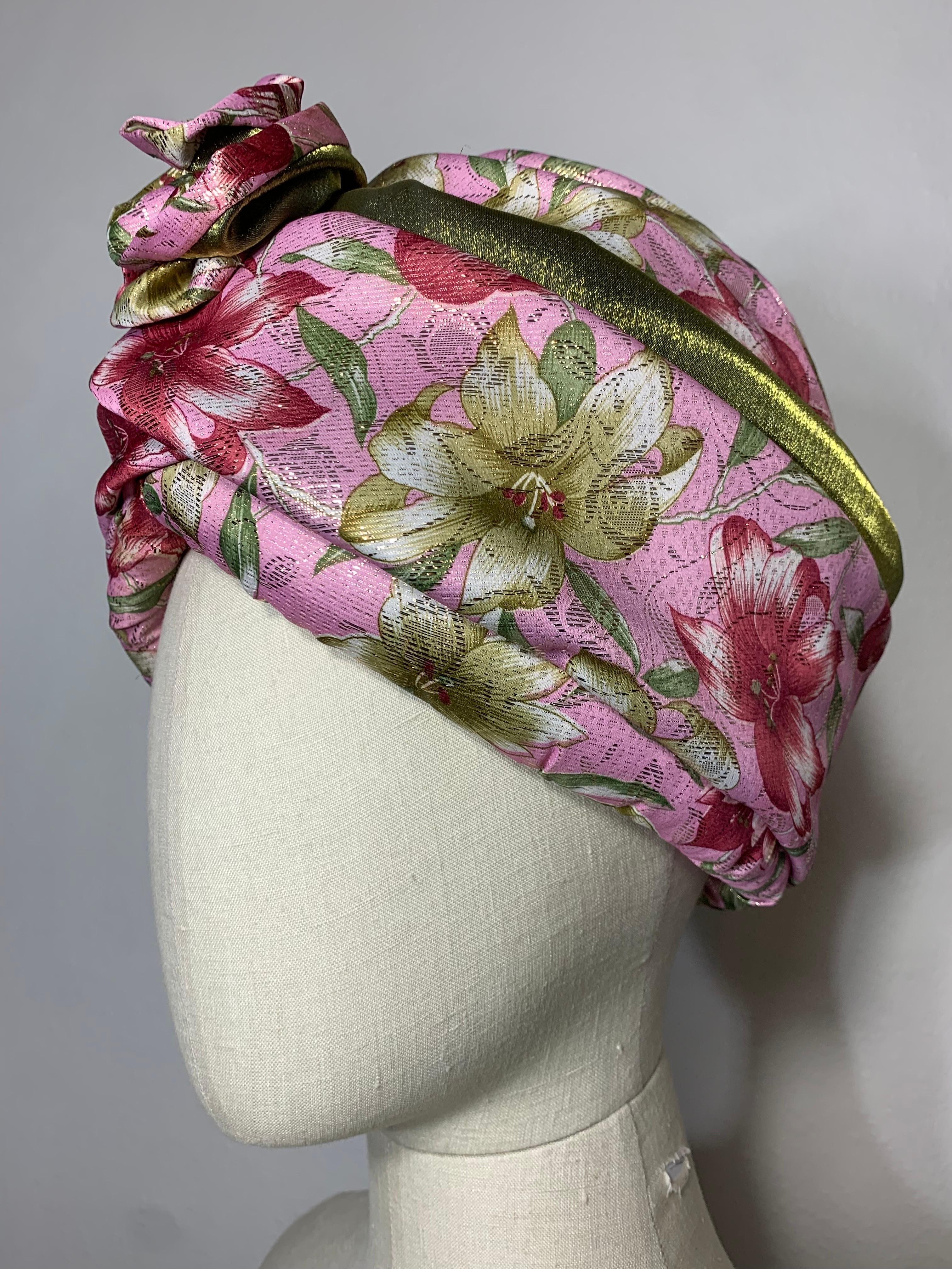 Custom Made Spring/Summer Pink Satin & Gold Lame Lily Print Turban w Flower In Excellent Condition For Sale In Gresham, OR