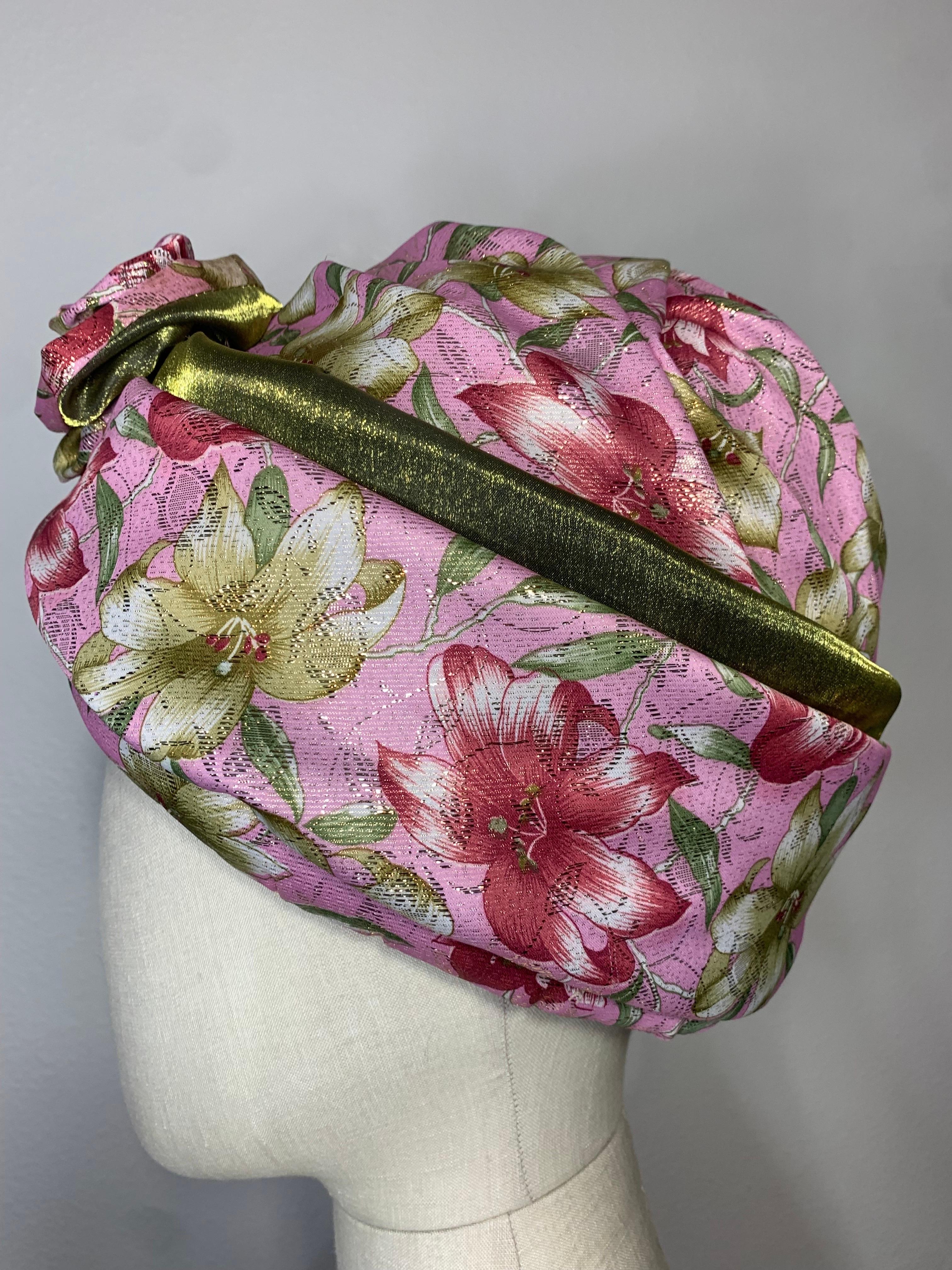 Women's Custom Made Spring/Summer Pink Satin & Gold Lame Lily Print Turban w Flower For Sale
