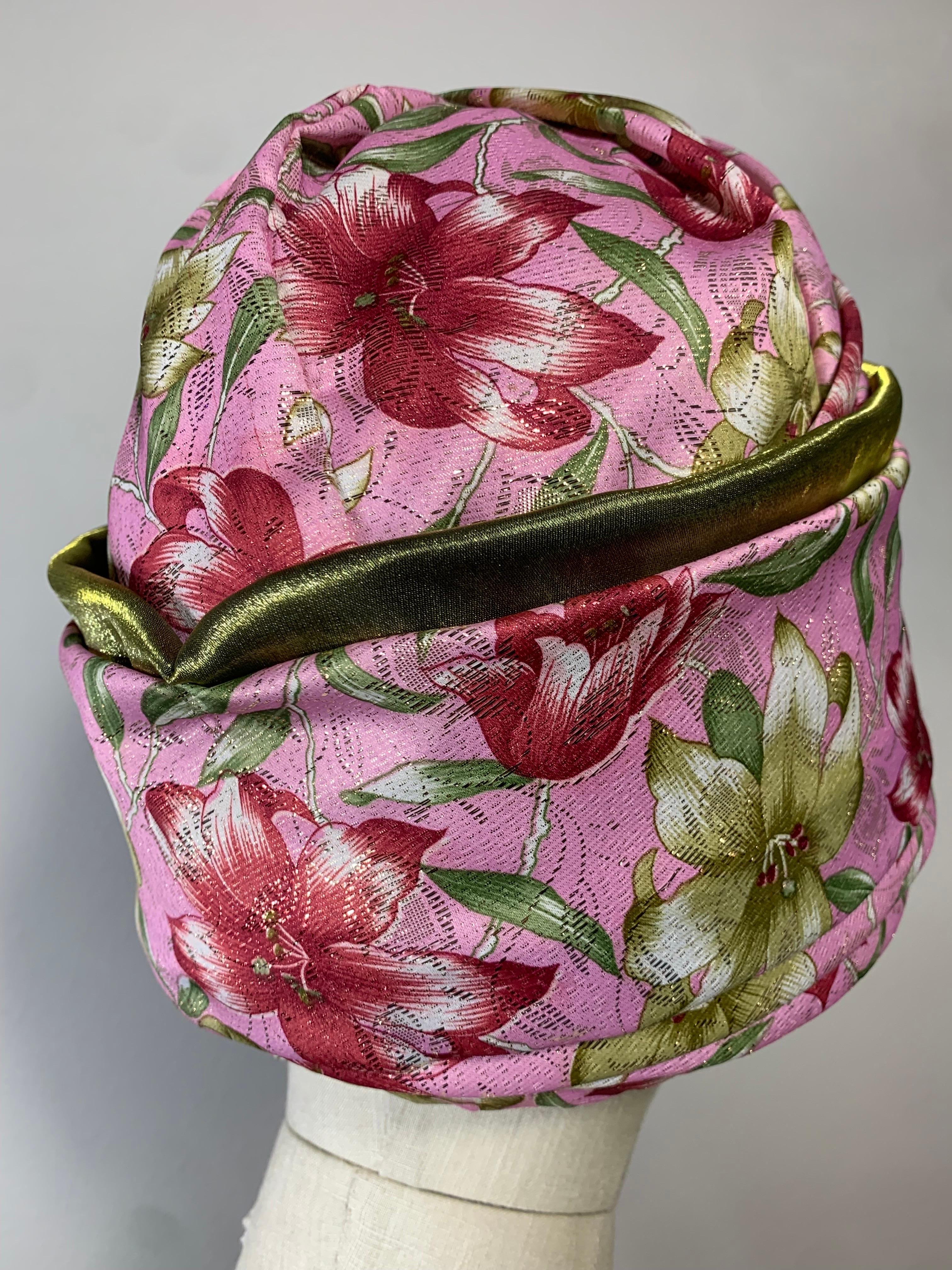 Custom Made Spring/Summer Pink Satin & Gold Lame Lily Print Turban w Flower For Sale 2