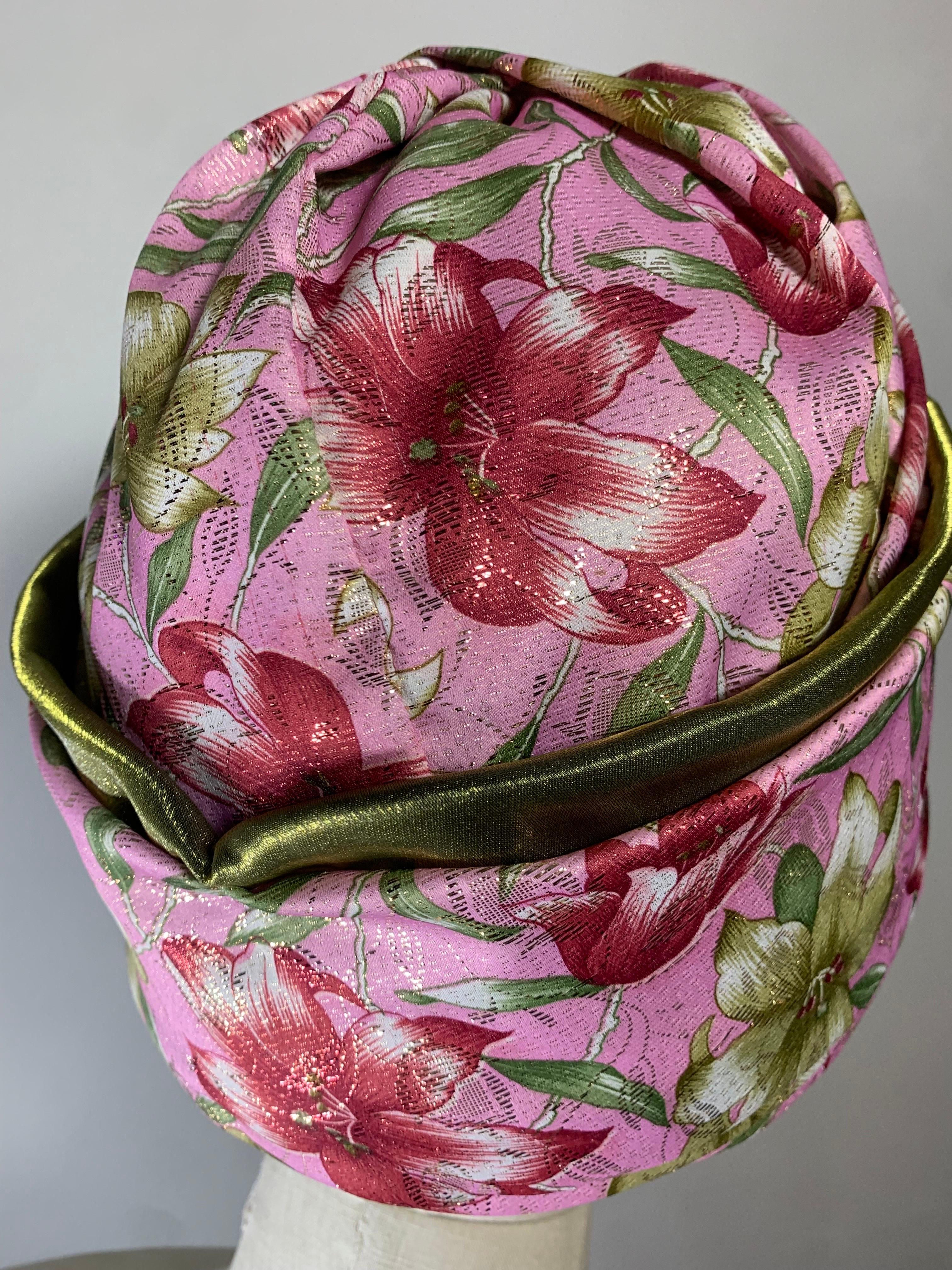 Custom Made Spring/Summer Pink Satin & Gold Lame Lily Print Turban w Flower For Sale 3