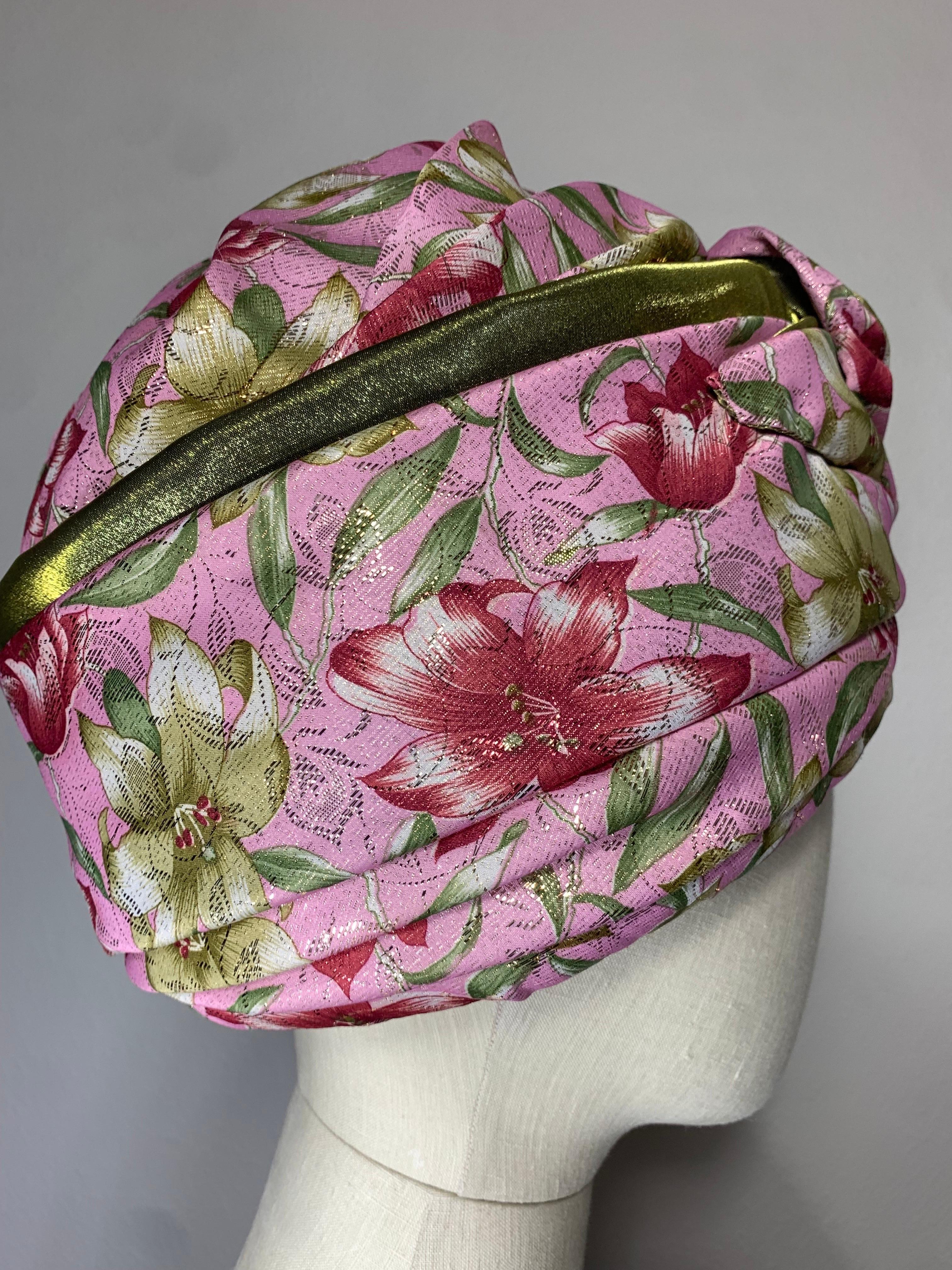 Custom Made Spring/Summer Pink Satin & Gold Lame Lily Print Turban w Flower For Sale 5