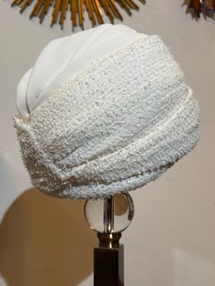 Custom-Made Spring-Summer White Chanel Boucle Fabric Turban w White Silk Crepe