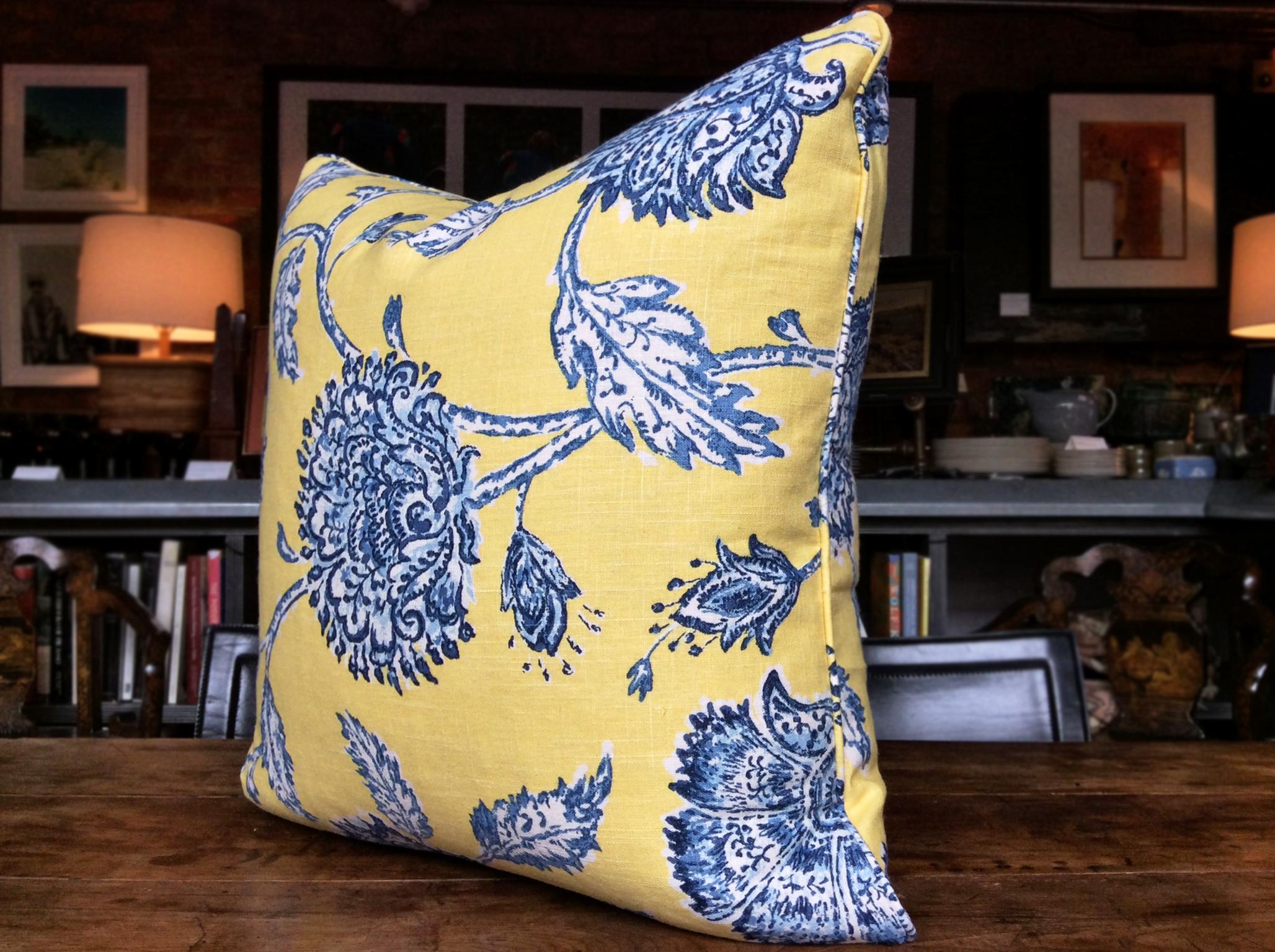 Custom Made Square Yellow And Blue Floral Pillow At 1stdibs