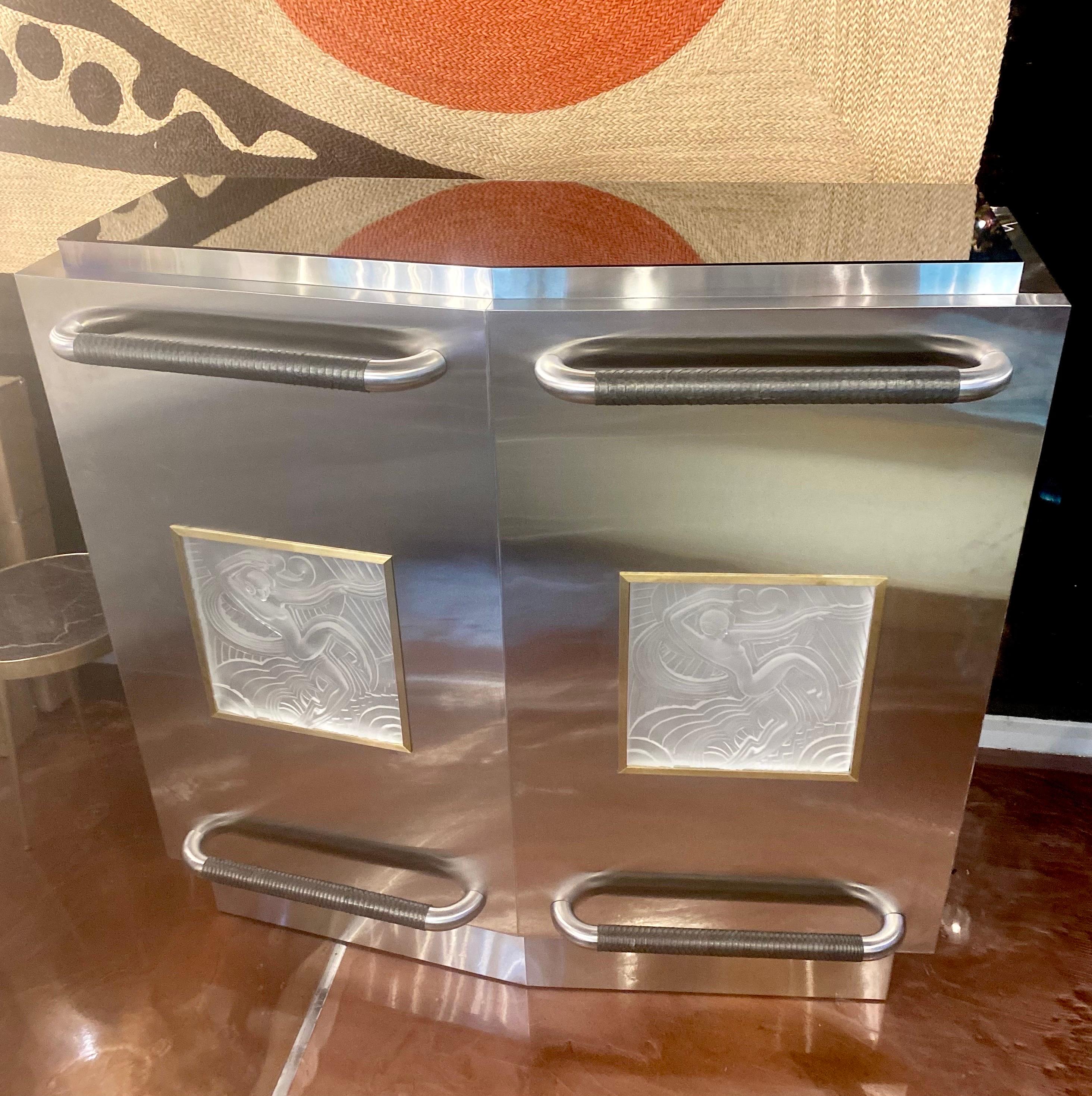 Custom Made Stainless Steel and Bronze Accents Dry Bar with Glass Art Deco Inlay For Sale 5