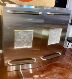 Custom Made Stainless Steel and Bronze Accents Dry Bar with Glass Art Deco Inlay