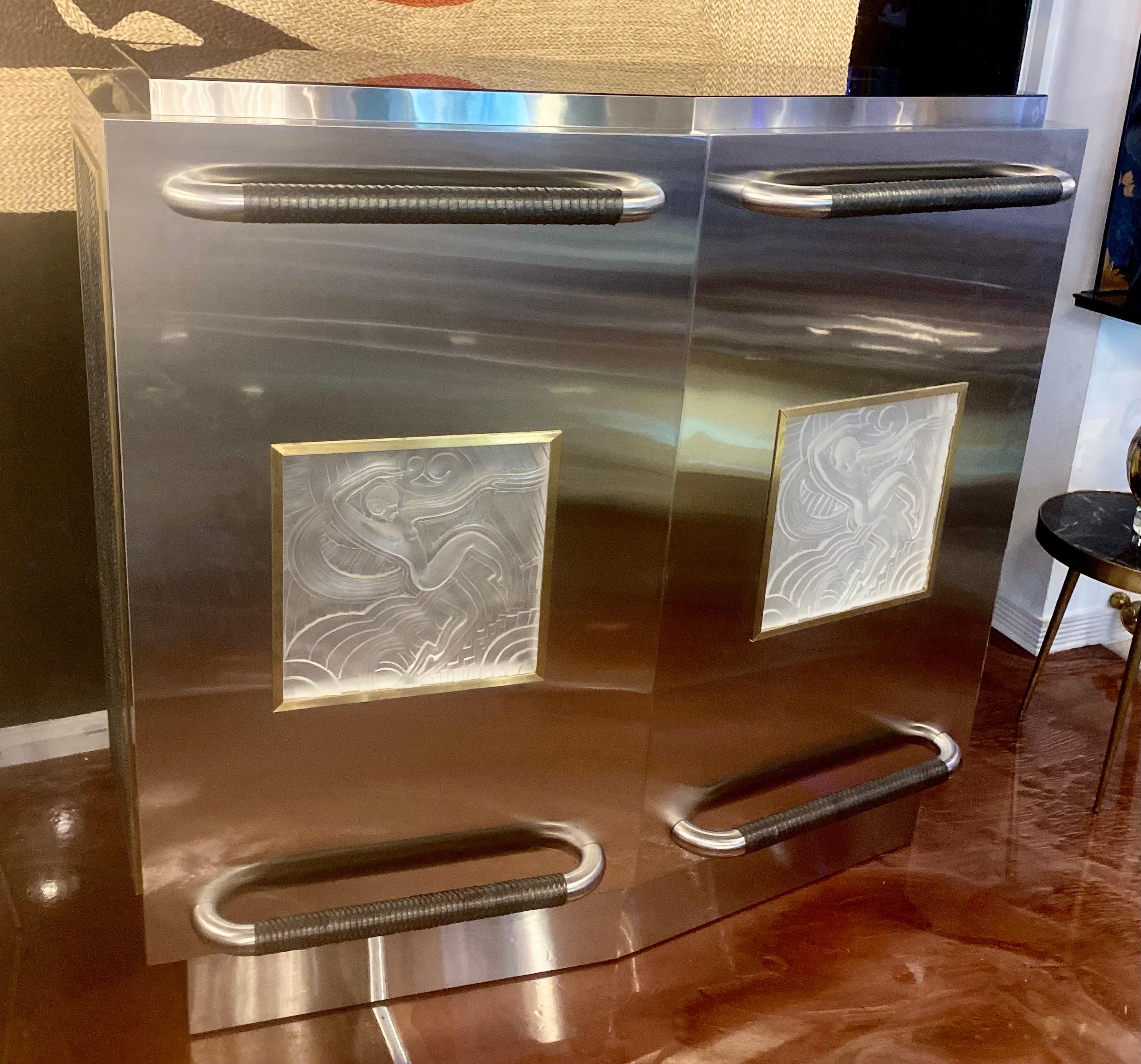 Custom Made Stainless Steel and Bronze Accents Dry Bar with Glass Art Deco Inlay In Good Condition For Sale In Miami, FL