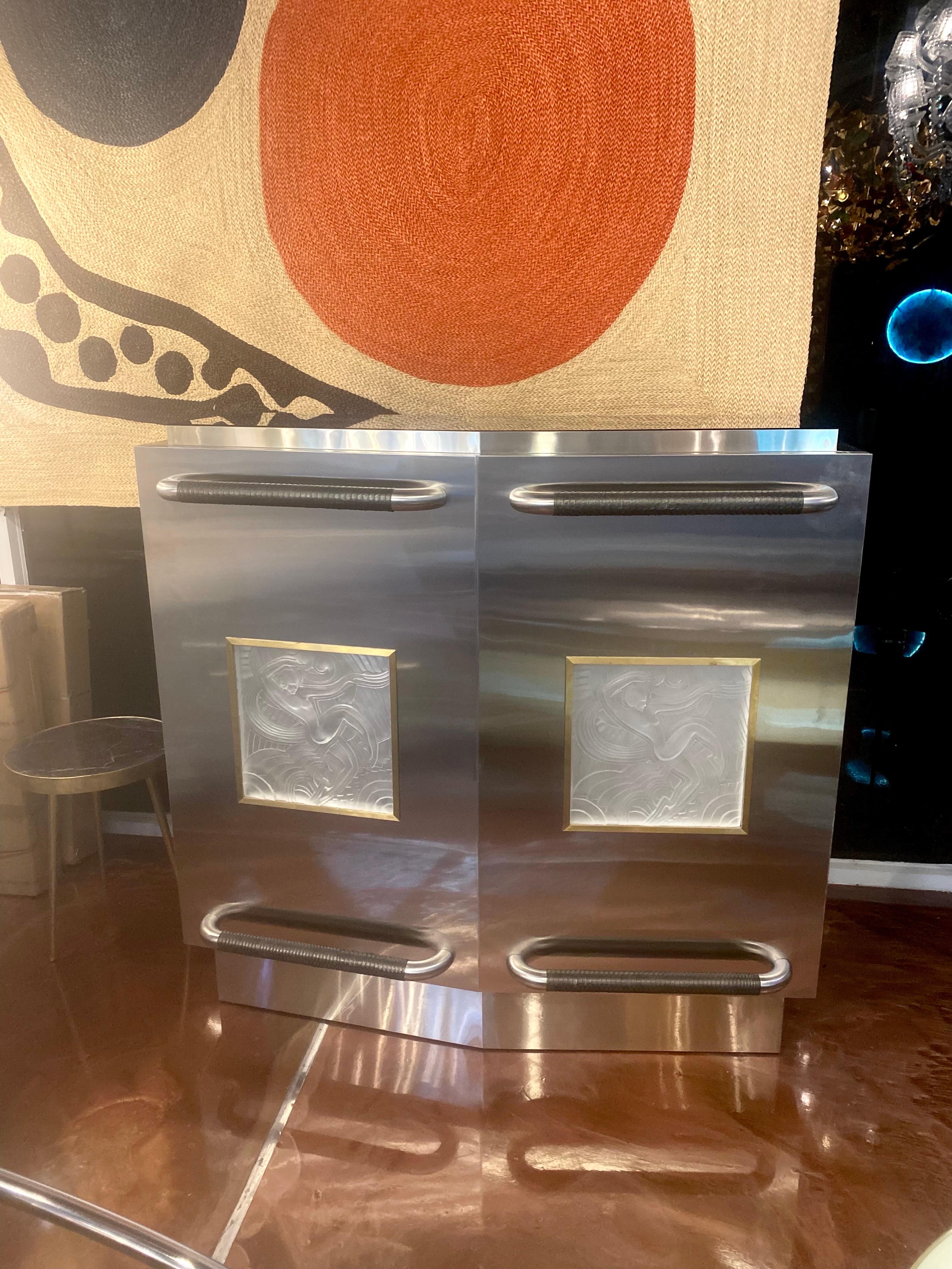 Custom Made Stainless Steel and Bronze Accents Dry Bar with Glass Art Deco Inlay For Sale 1