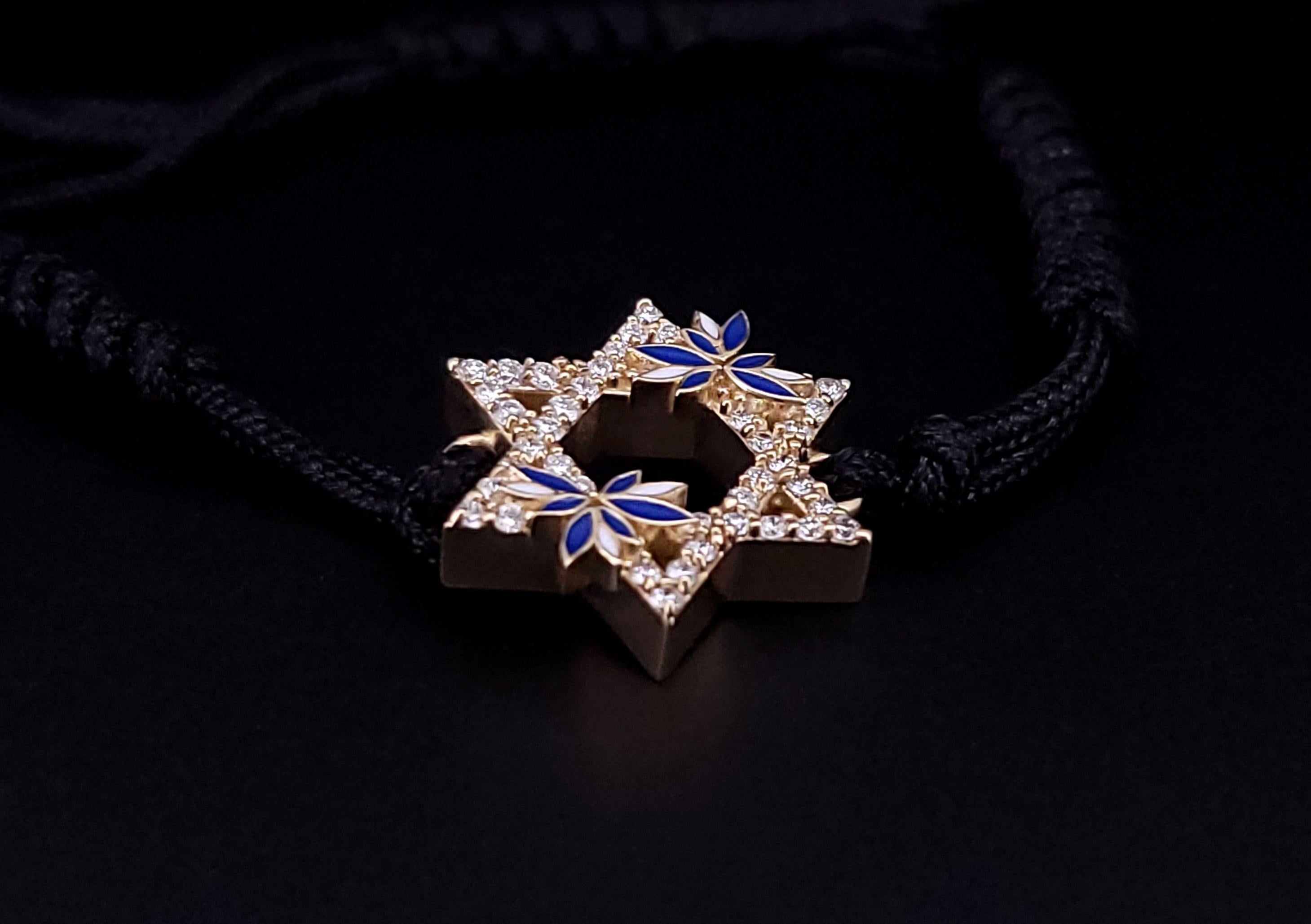 Stella di David David su misura in oro 14k, smalto blu e diamanti, bracciale nero In condizioni Nuovo in vendita a New York, NY