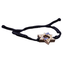 Custom Made Star of David 14k Gold Blue Enamel with Diamonds Black Bracelet