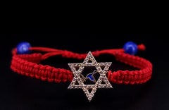 Custom Made Star of David 14k Gold Blue Enamel with Diamonds Red Bracelet