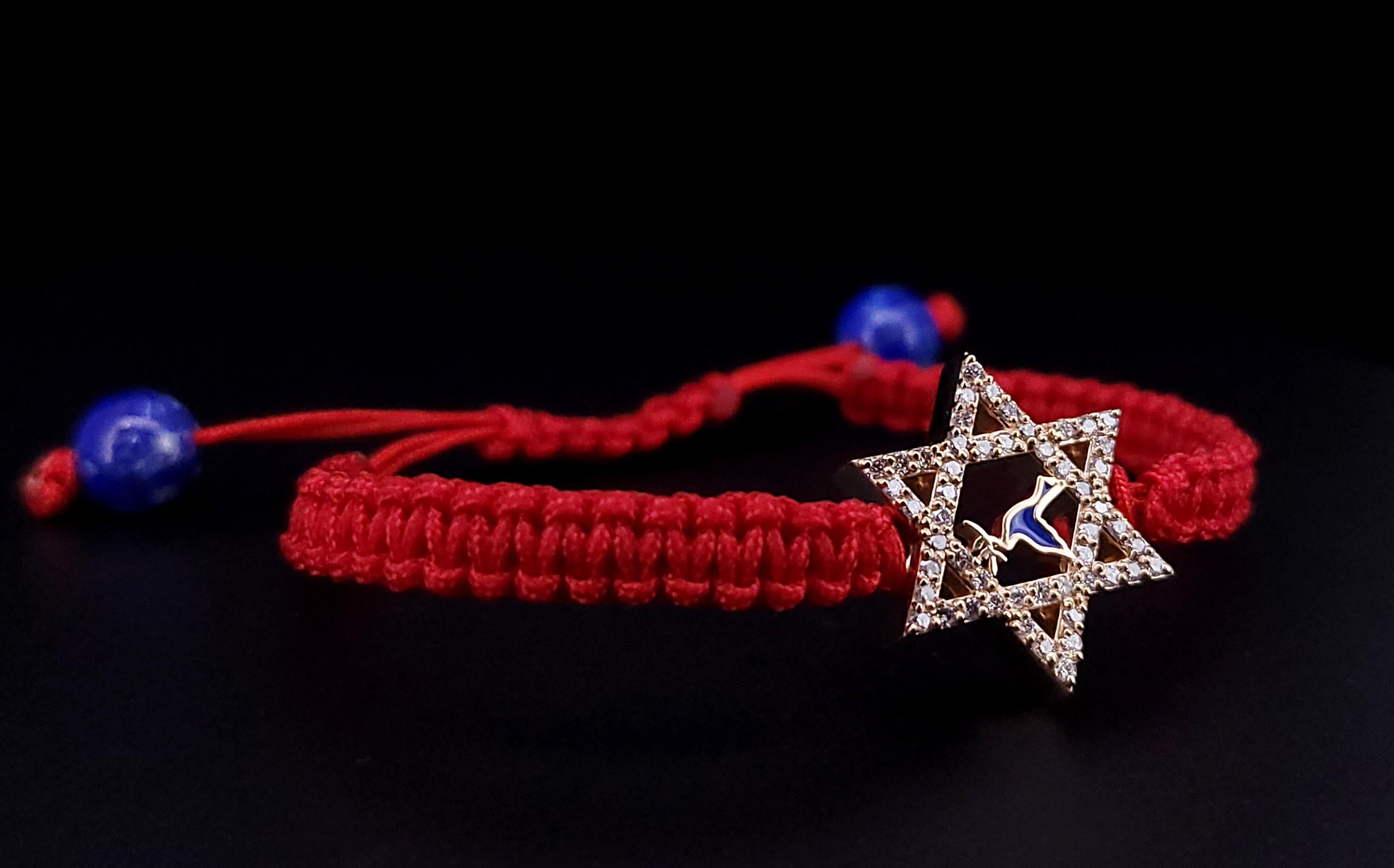 Taille ronde Bracelet étoile de David en or 14 carats, émail bleu et diamants en vente