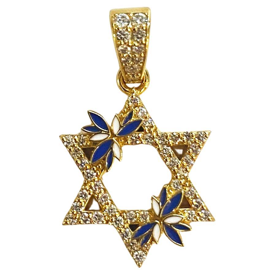 Ciondolo con stella di David David in oro 14k, diamanti e smalto blu su misura