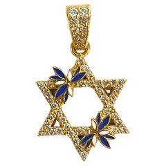 Custom Made Star of David 14k Gold Diamond and Blue Enamel Pendant