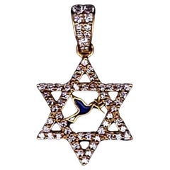Custom Made Star of David 14k Yellow Gold Blue Enamel with Diamonds Pendant