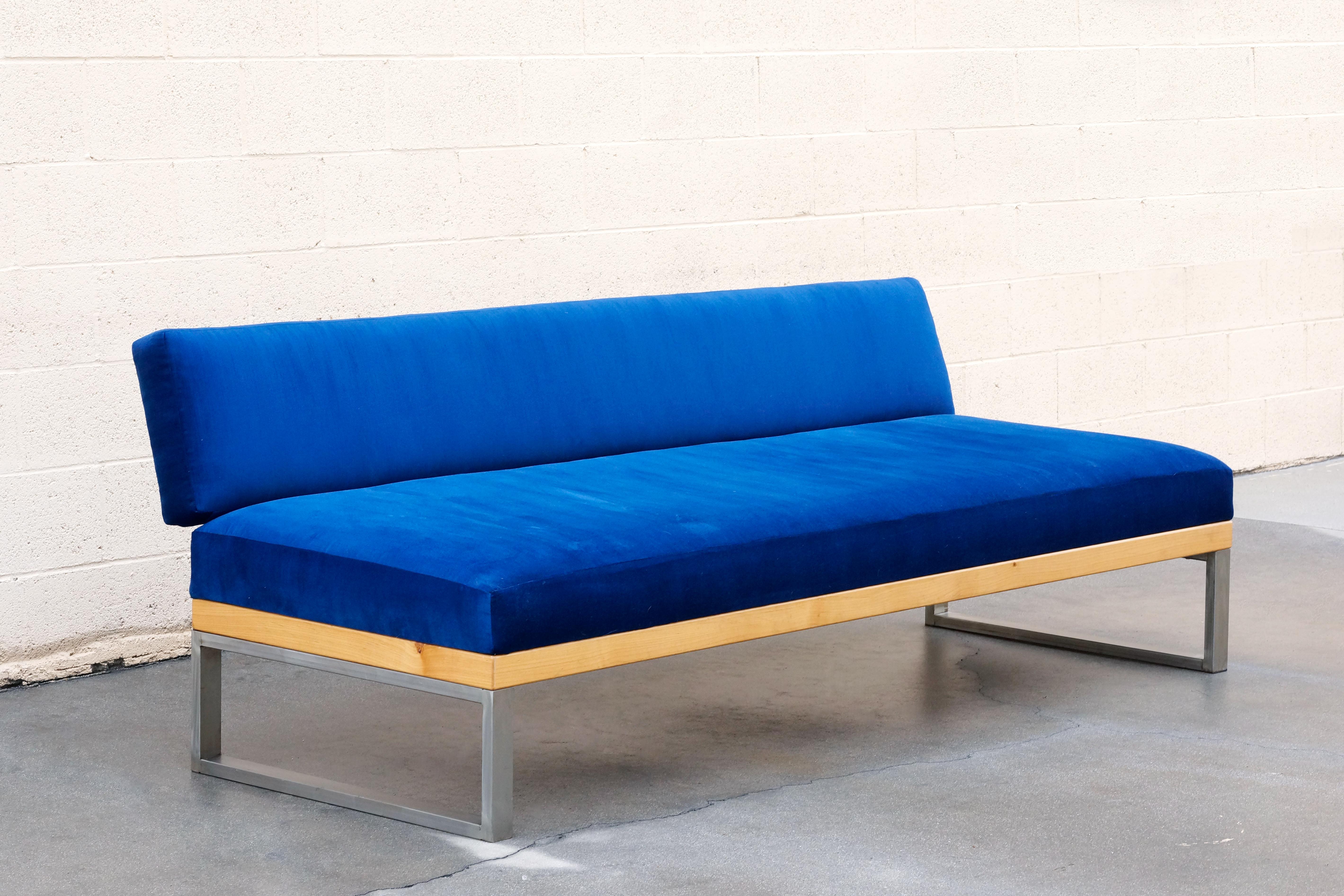 1950s inspired, custom built daybed made with alder wood, steel and blue velvet upholstery. It's spacious, extra-comfy and heavy-duty. This is a quality constructed piece built to last. Light patina on the steel for an industrial look. Newly