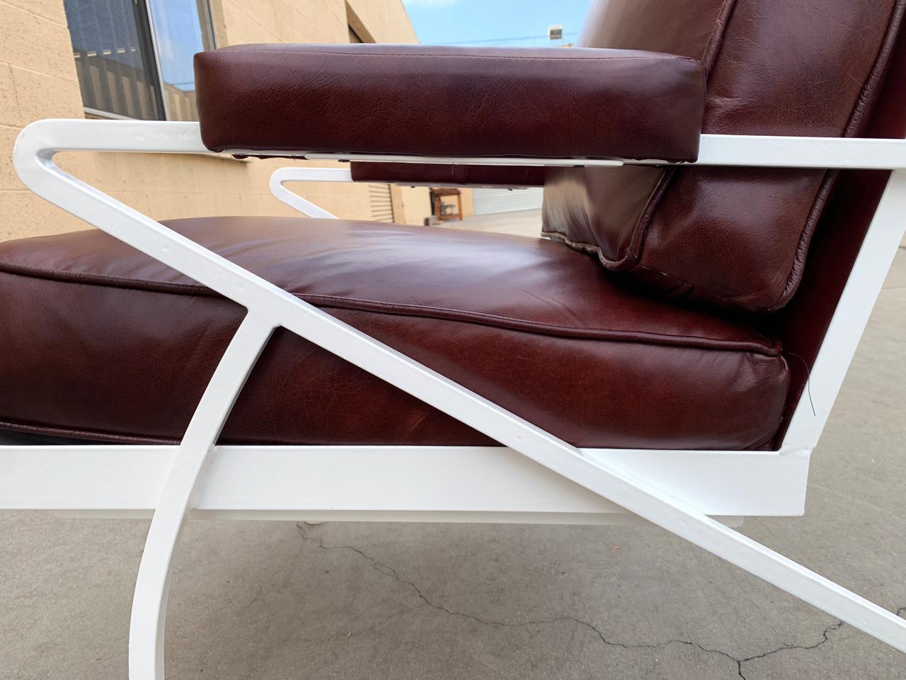 Mid-Century Modern Custom Made Steel and Leather Atomic Armchair in Burgundy and White For Sale