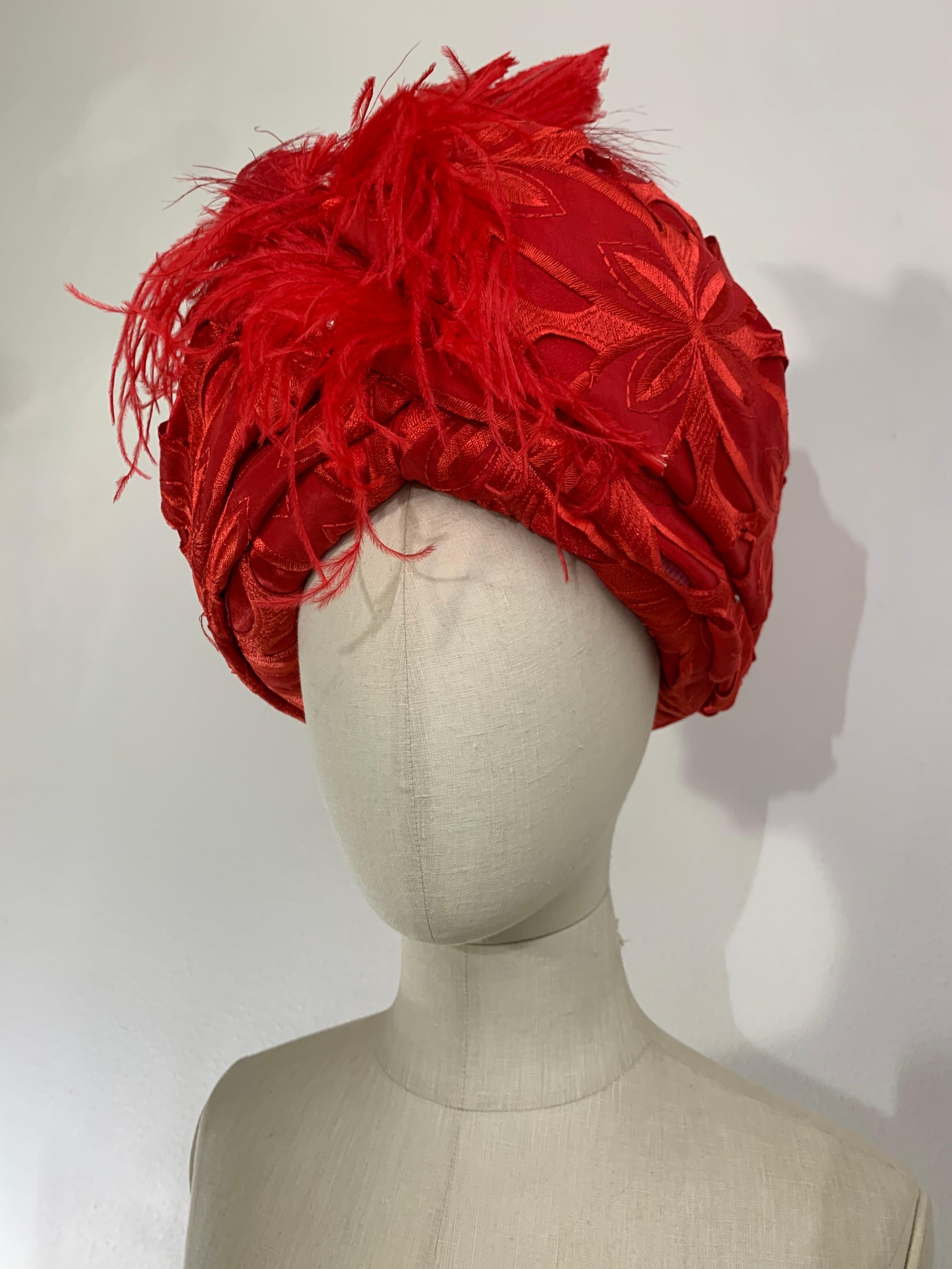 Custom Made Suzanne Couture Millinery Cardinal Red Lace Eyelet Turban w Feathers For Sale 6