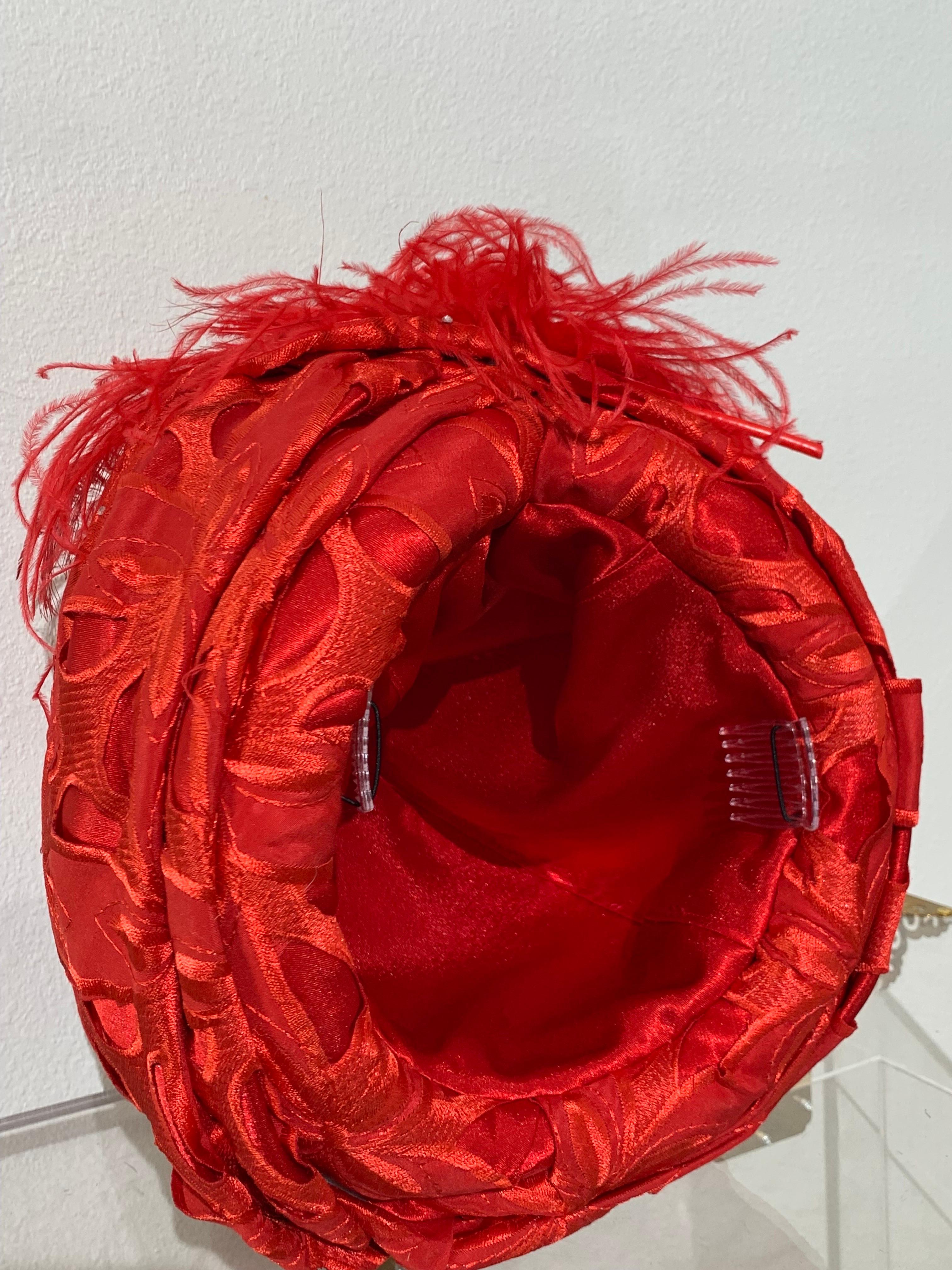 Custom Made Suzanne Couture Millinery Cardinal Red Lace Eyelet Turban w Feathers For Sale 7