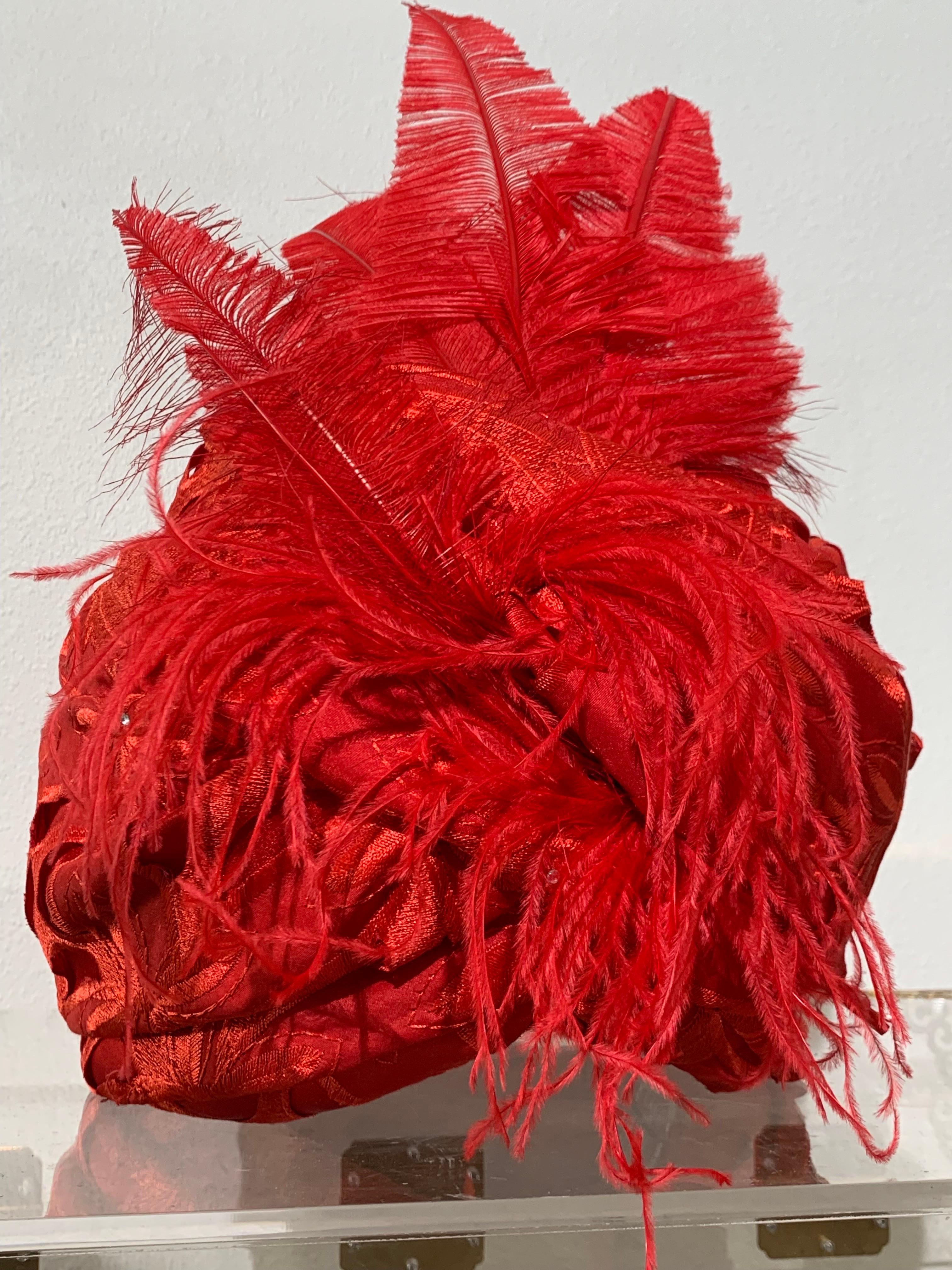 Custom Made Suzanne Couture Millinery Cardinal Red Lace Eyelet Turban w Feathers For Sale 8