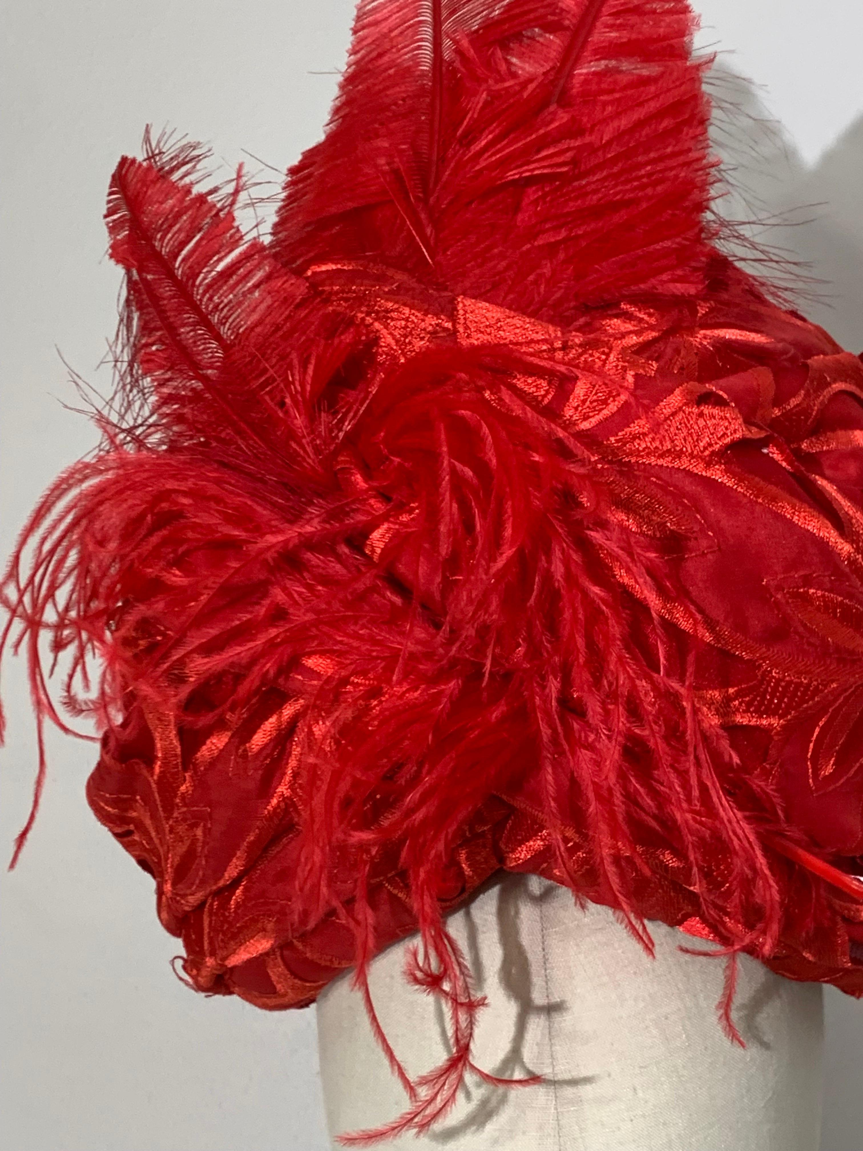 Custom Made Suzanne Couture Millinery Cardinal Red Lace Eyelet Turban w Feathers In Excellent Condition For Sale In Gresham, OR