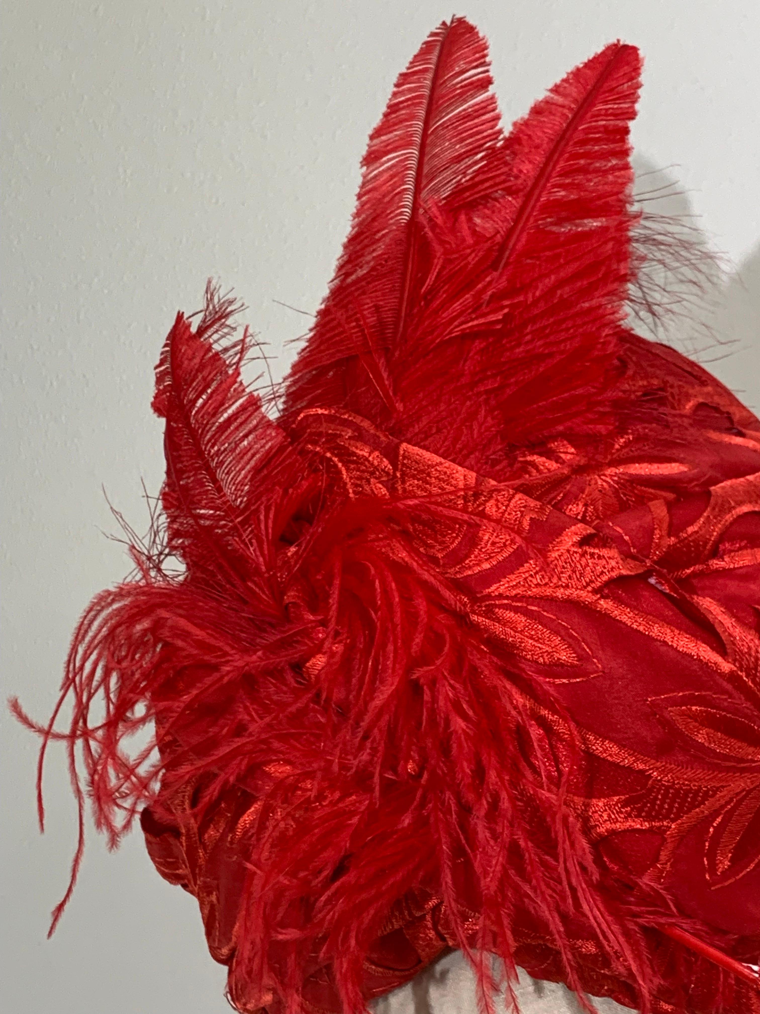 Women's or Men's Custom Made Suzanne Couture Millinery Cardinal Red Lace Eyelet Turban w Feathers For Sale